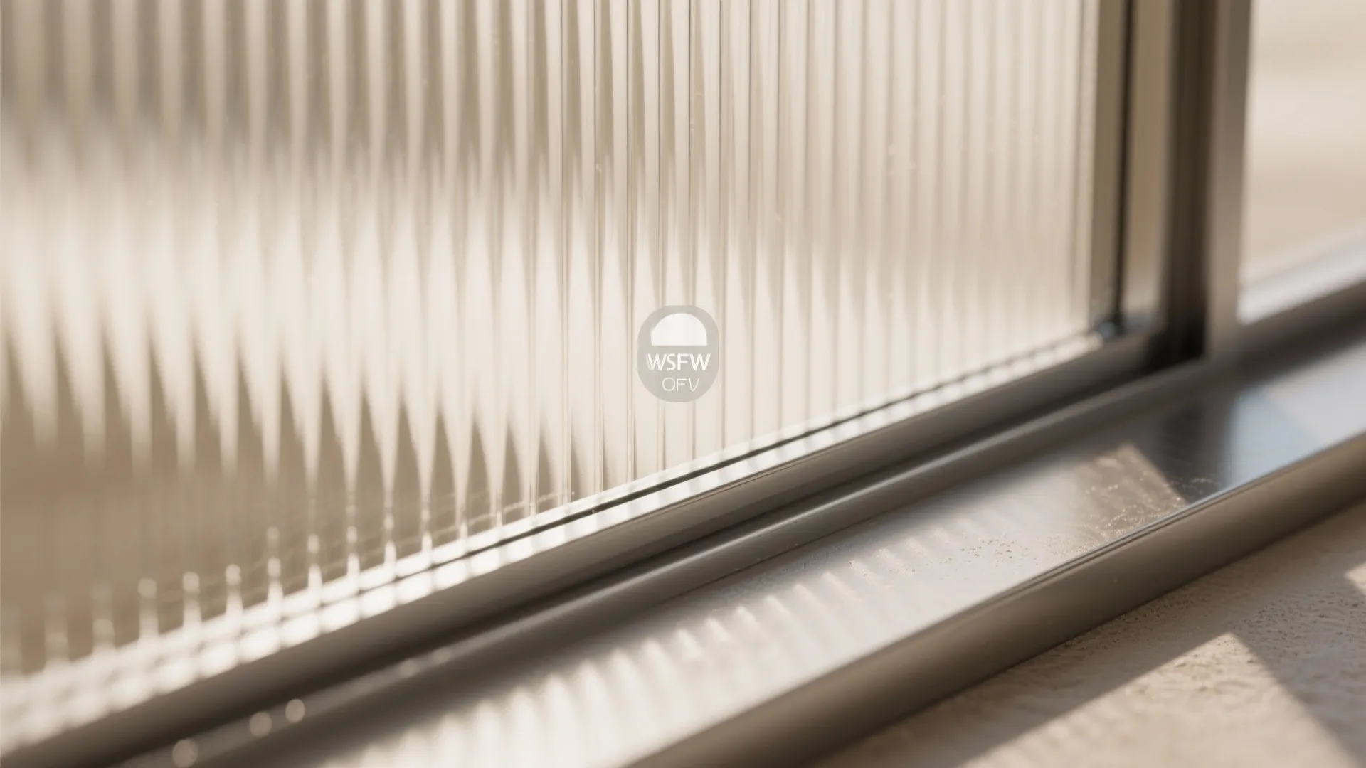 Close up view of ribbed glass texture window with metal frame and soft natural sunlight