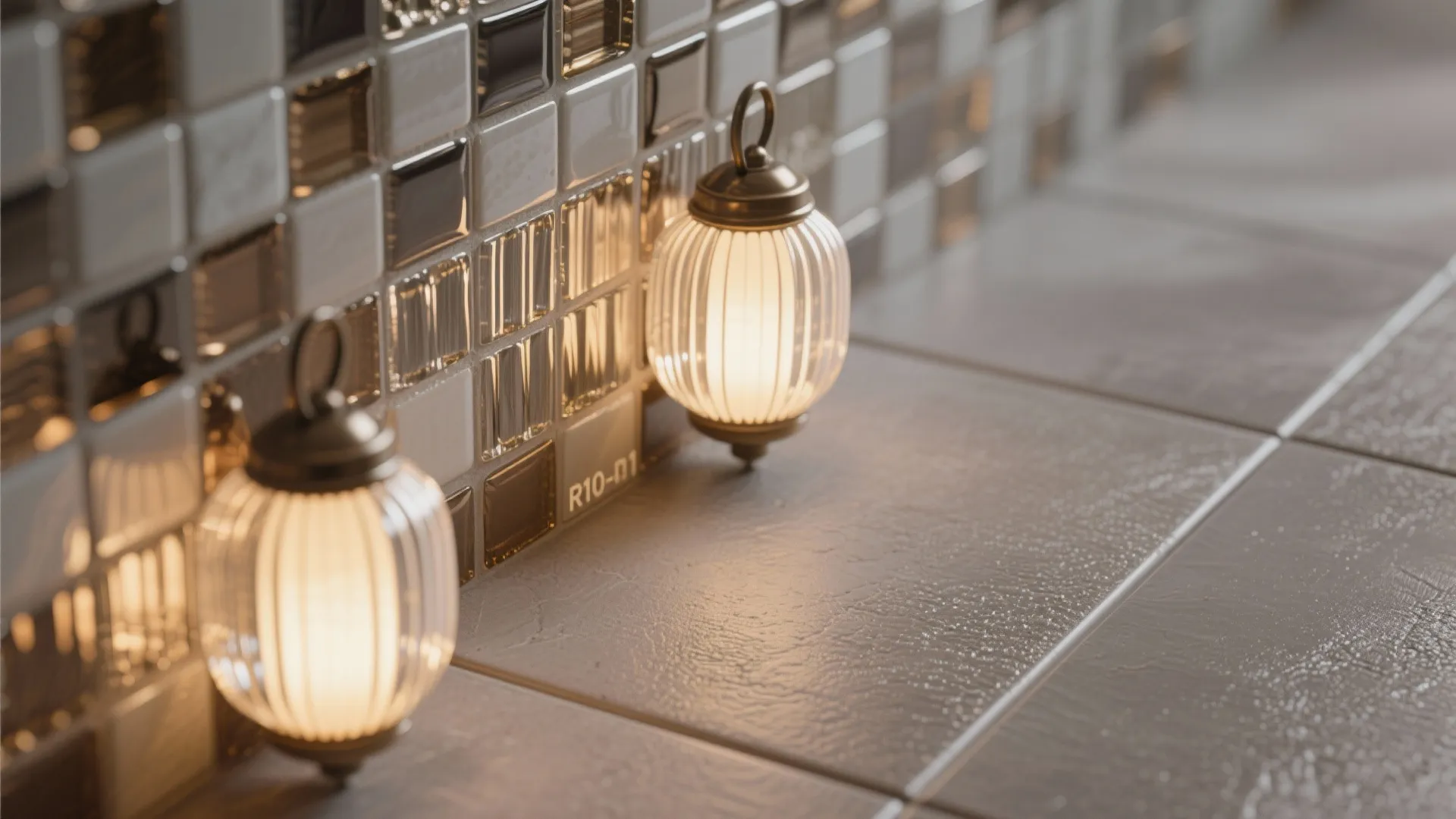 Macro of ribbed glass mosaic glowing softly beside an anti-slip R10–R11 porcelain floor.