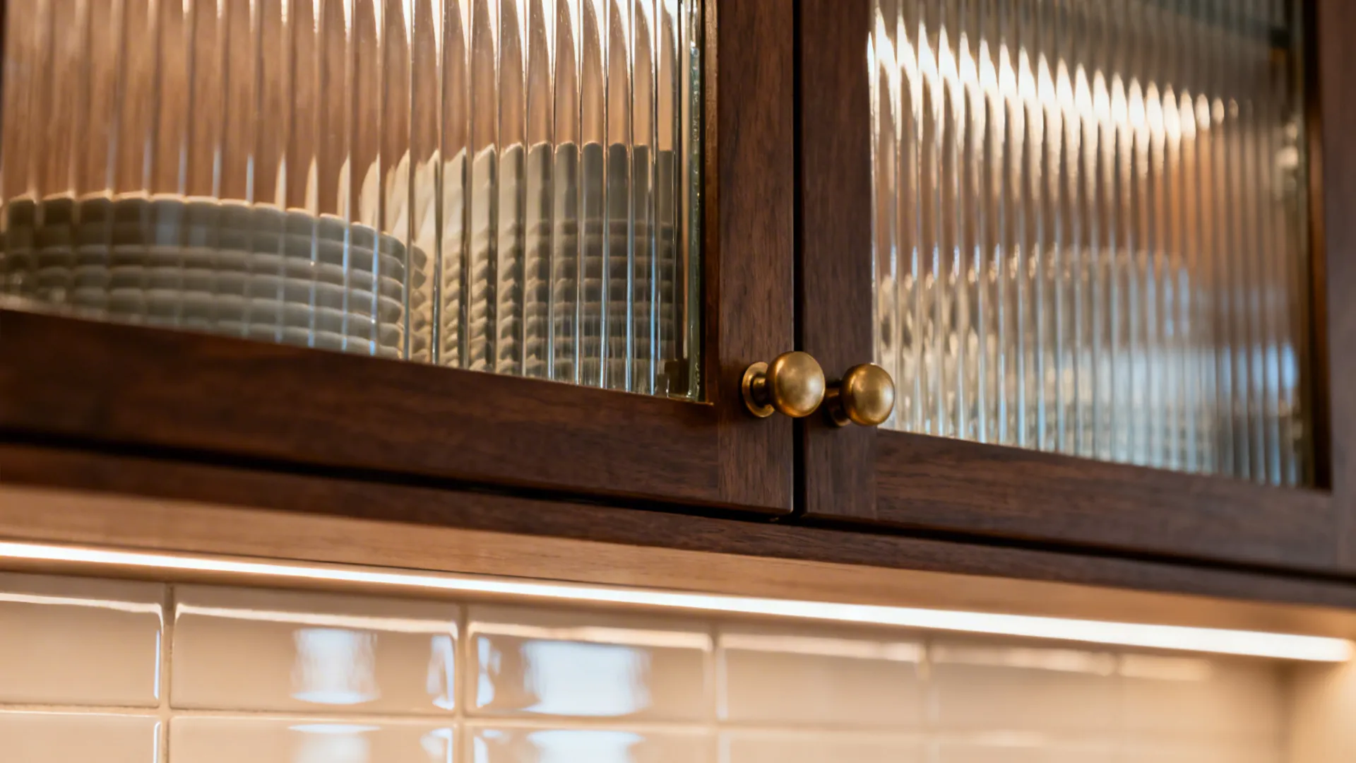 Macro of ribbed glass cabinet with warm interior LEDs and brass knob.