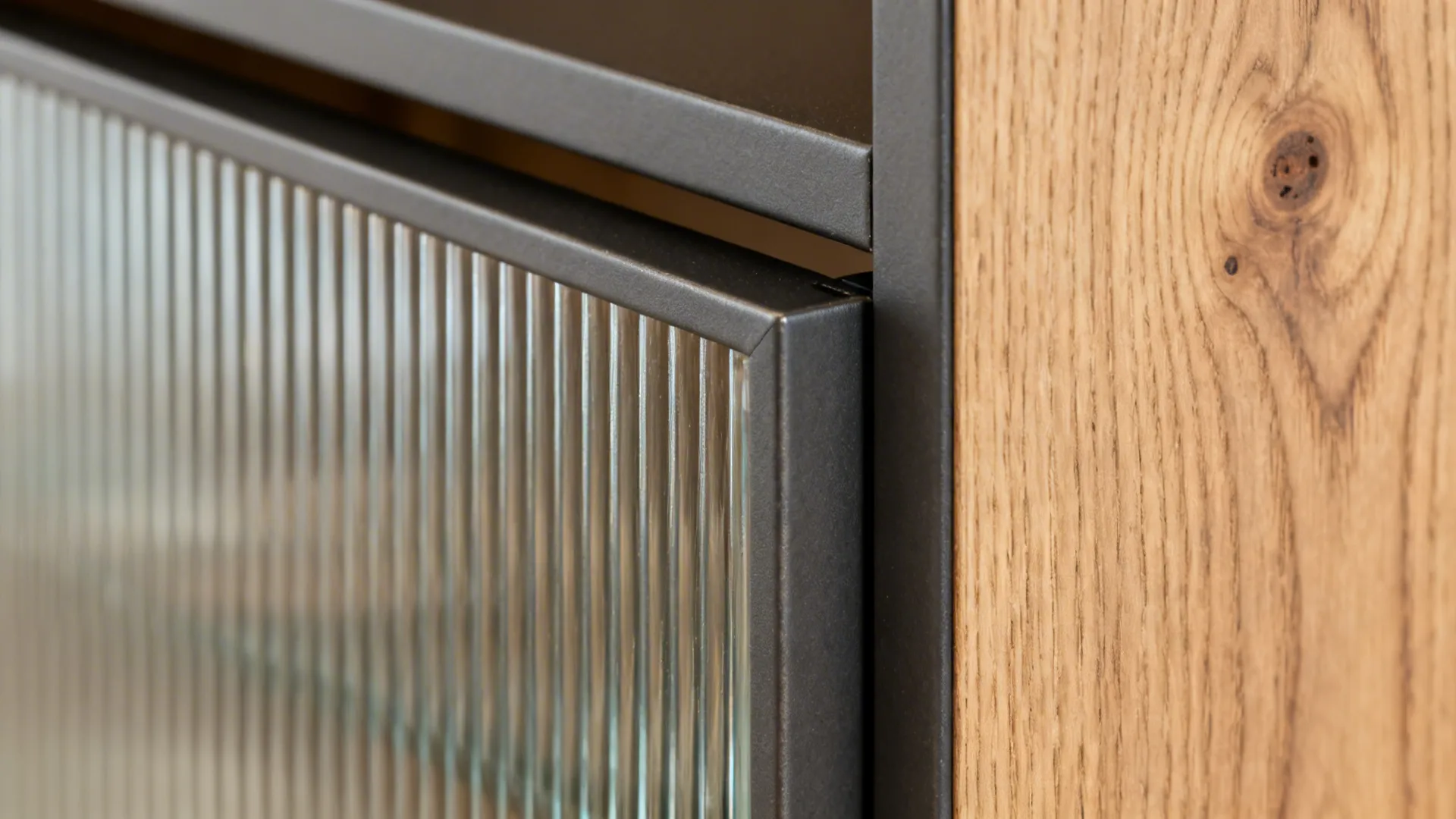 Macro of fluted glass cabinet door meeting matte charcoal and wood grain frame.