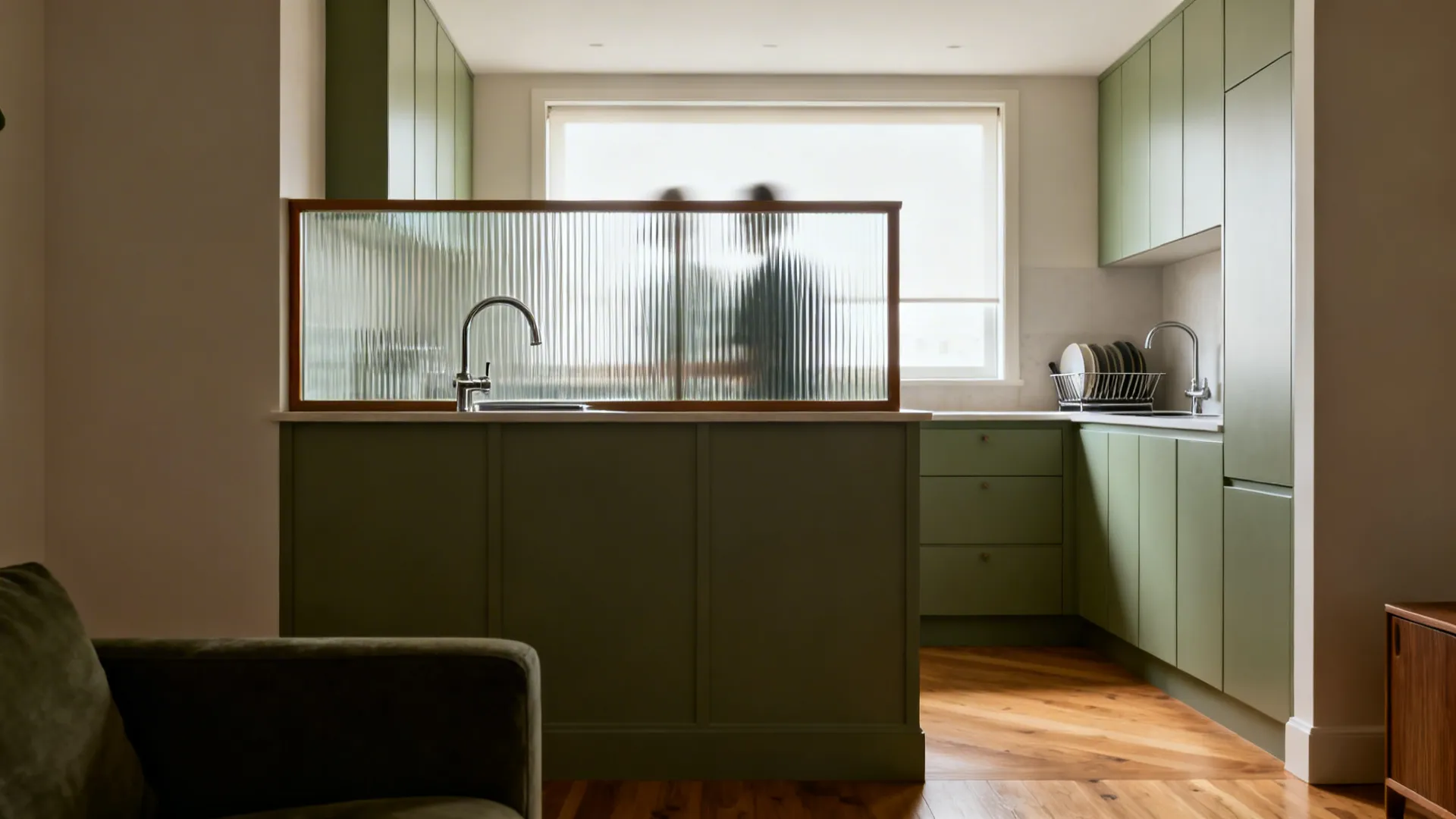 Low half wall with ribbed glass diffuses the kitchen view while keeping the space bright.
