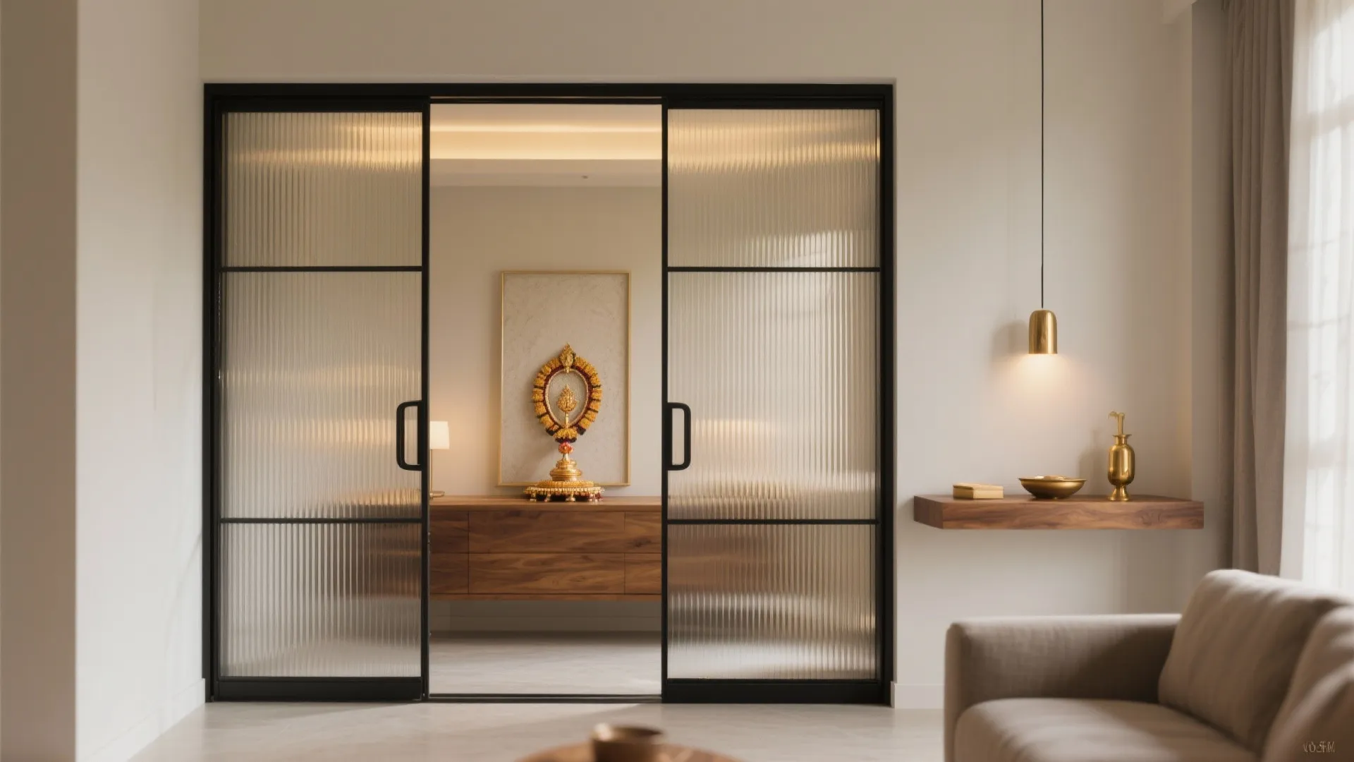 Living room with ribbed glass sliding doors, wooden cabinet, gold hanging light fixture, and sofa