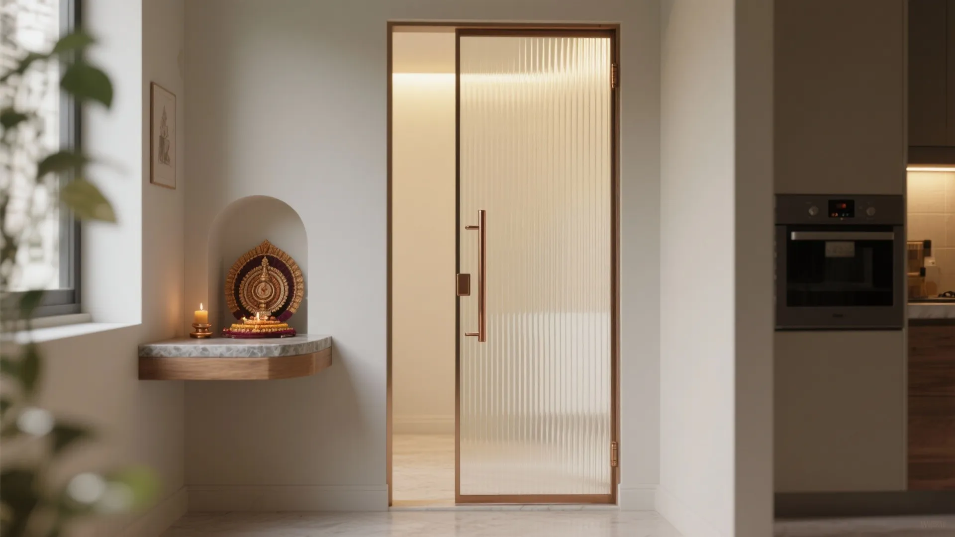 Textured ribbed glass single door for subtle screening