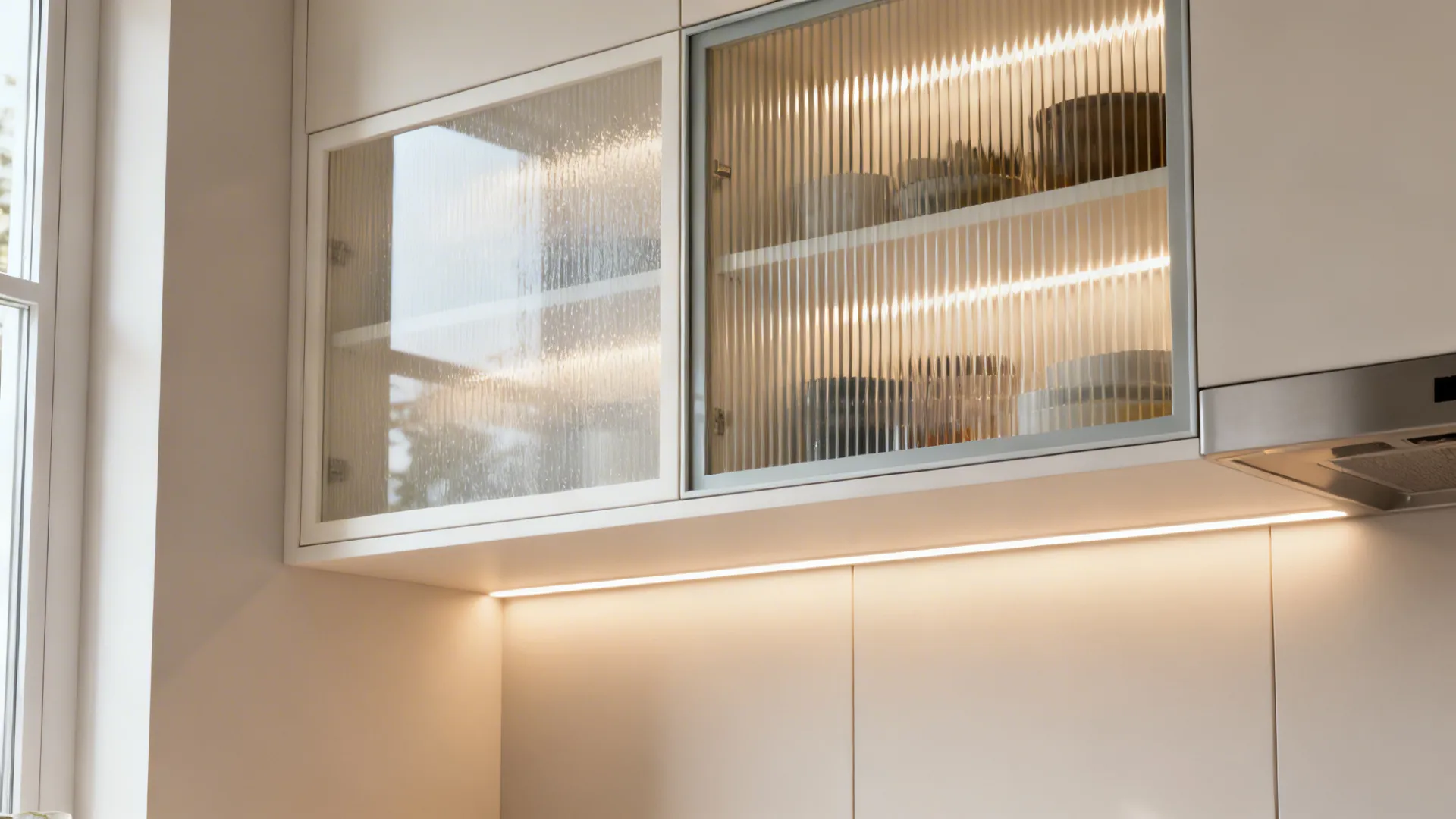 Modern white kitchen upper cabinet with ribbed glass doors internal lighting and warm light fixture below