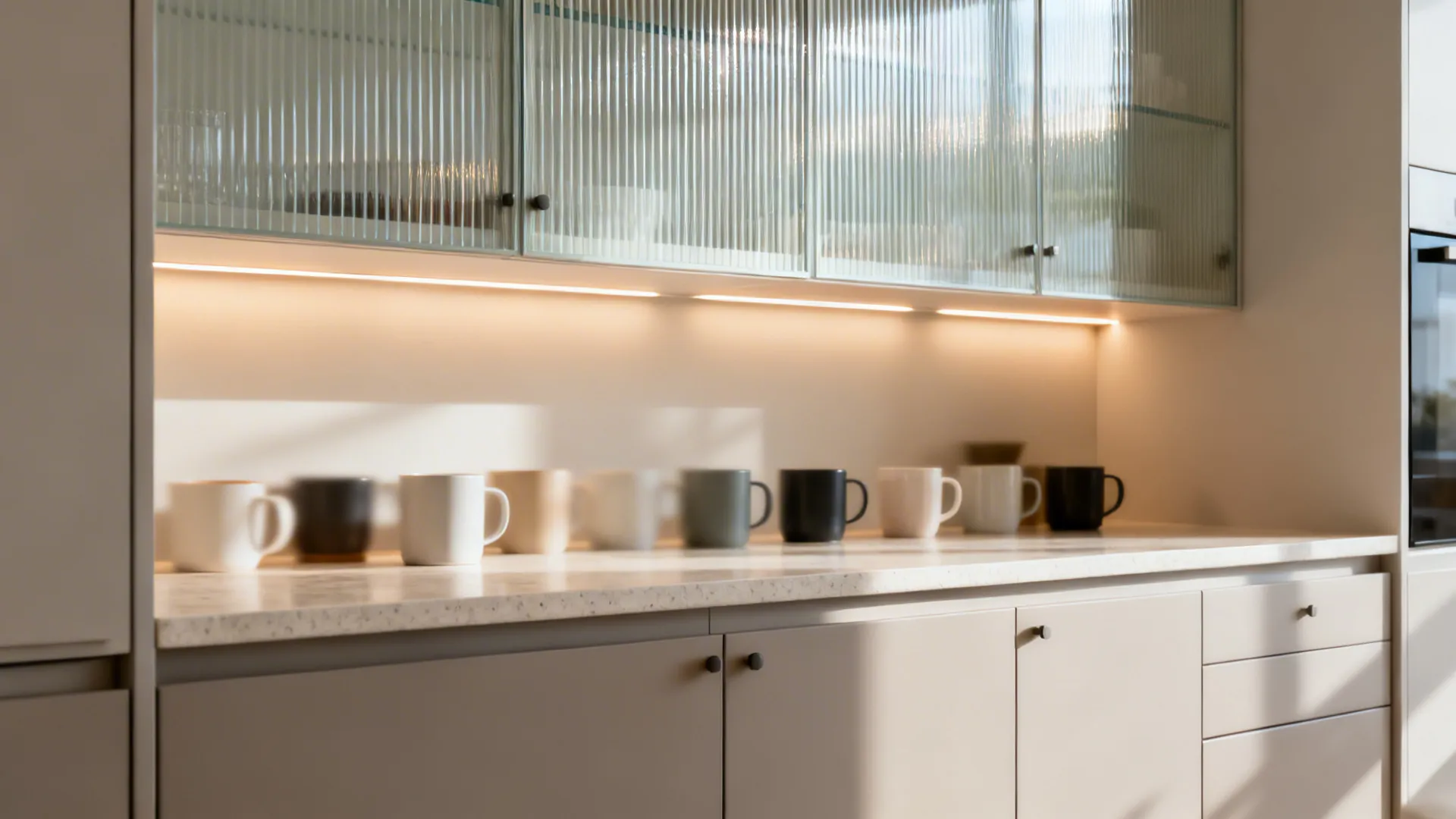 Ribbed-glass upper kitchen cabinets with warm interior lighting and matte base units.