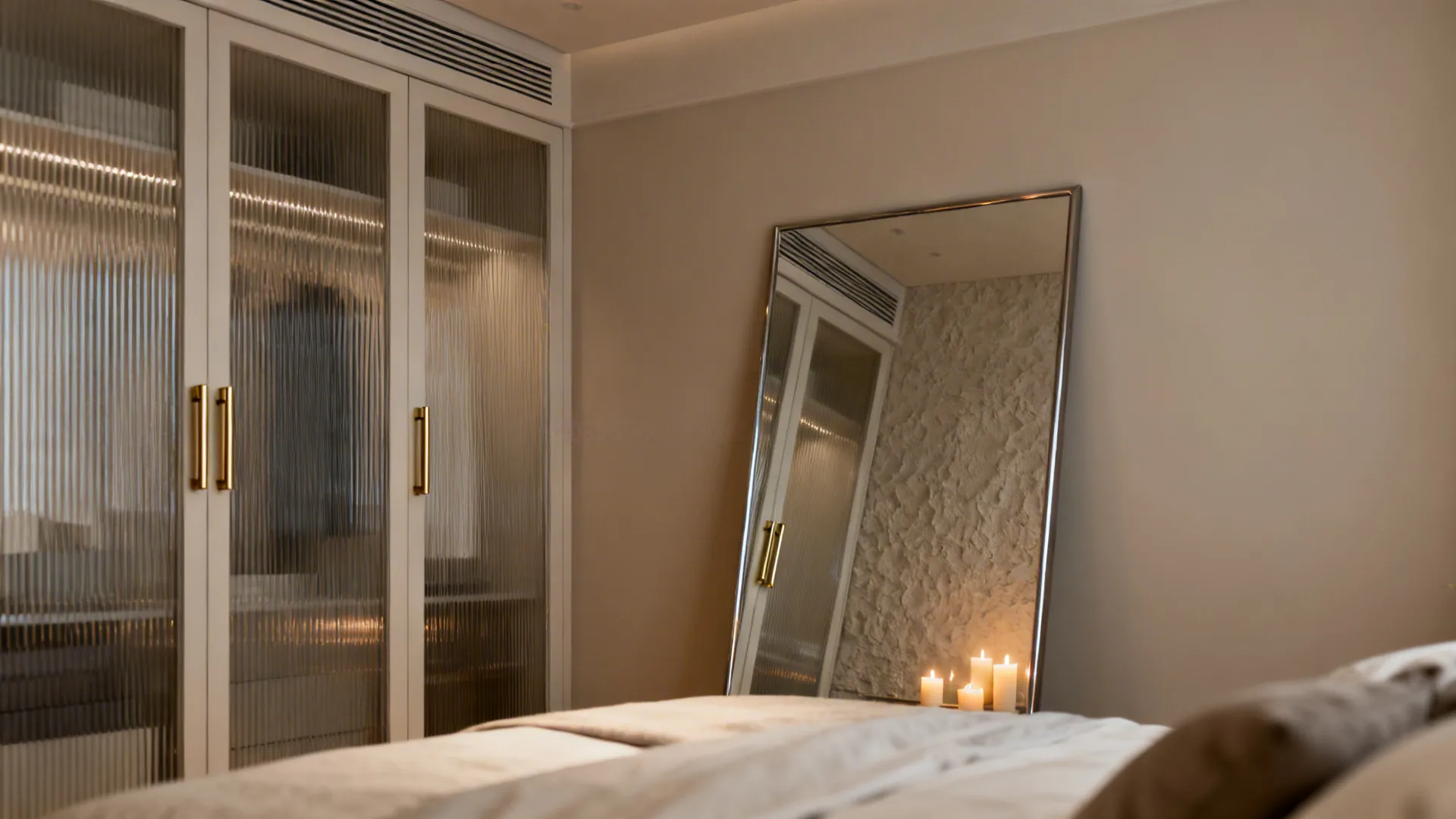 Small bedroom with ribbed glass wardrobe doors and satin brass pulls creating soft reflective depth.