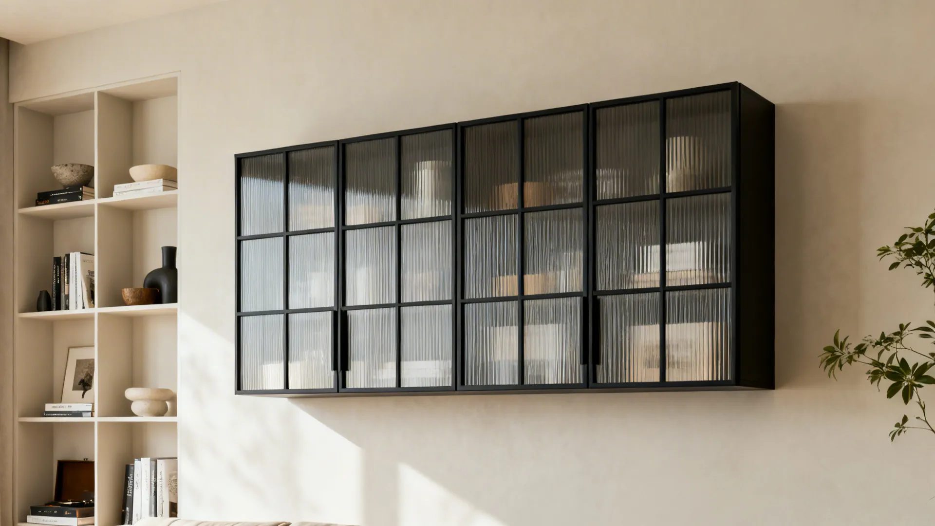 Before and after of a living room wall, from open cluttered shelves to ribbed glass grid doors.