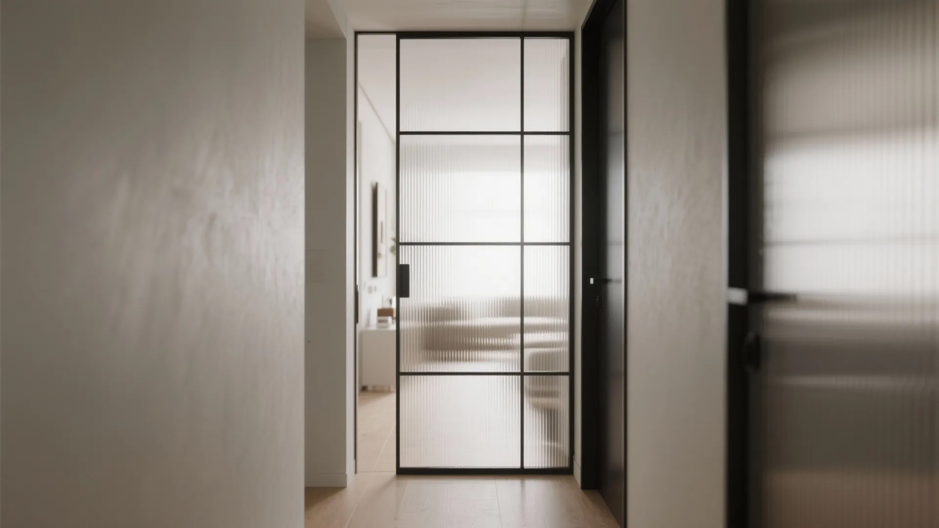 Ribbed glass half-height hall partition with slim steel frame, diffuses views while boosting daylight in a narrow corridor.