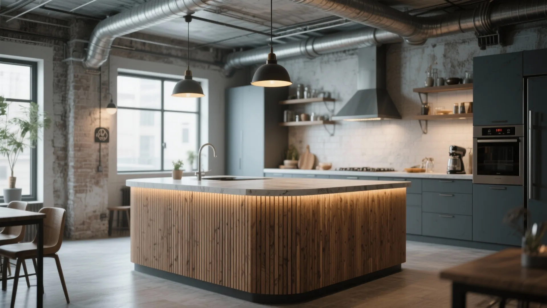 Industrial kitchen with wood panel island black ceiling light and grey cabinets in large room