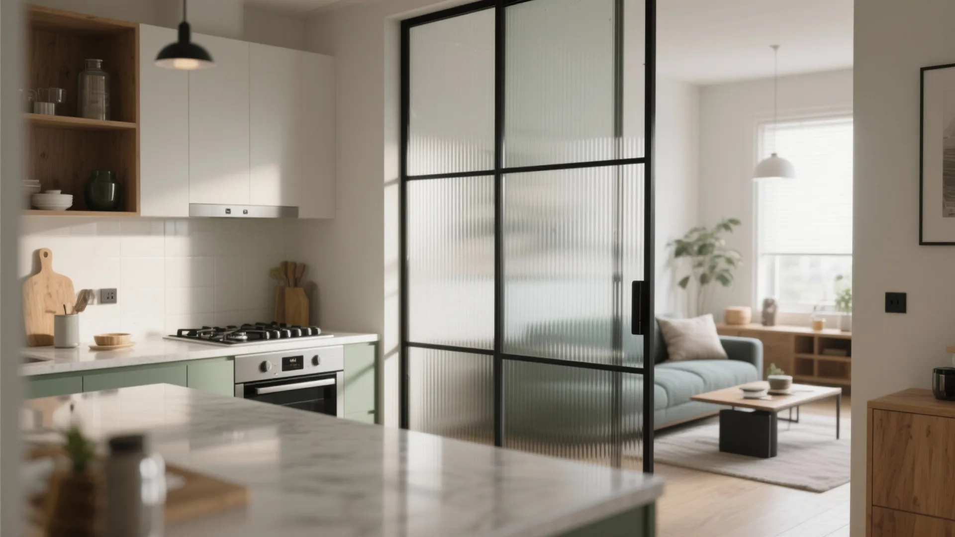 Minimalist Glass Partitions for Tiny Kitchens