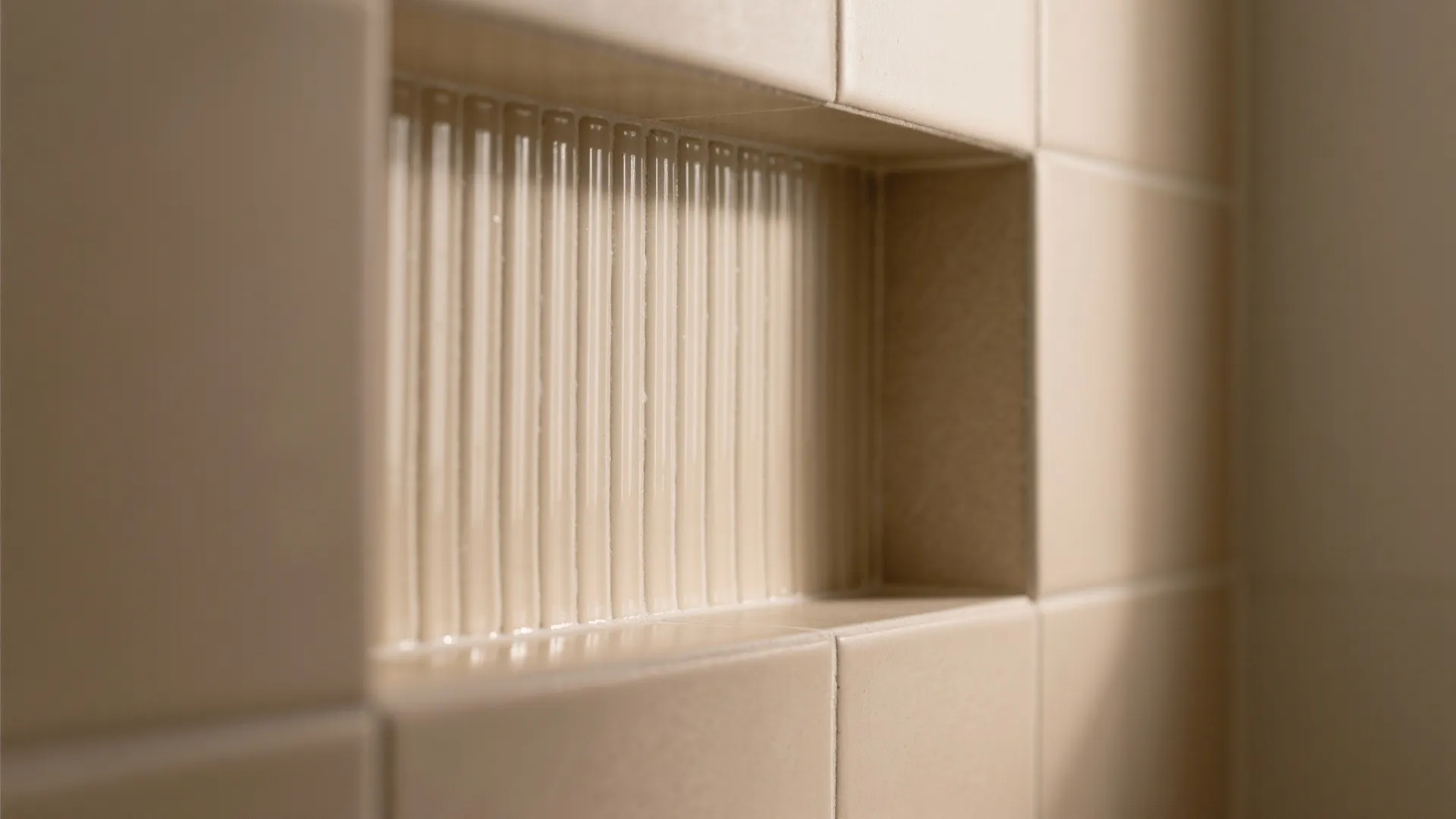 Close up of beige wall tiles with a recessed niche showing textured vertical ribbed tile