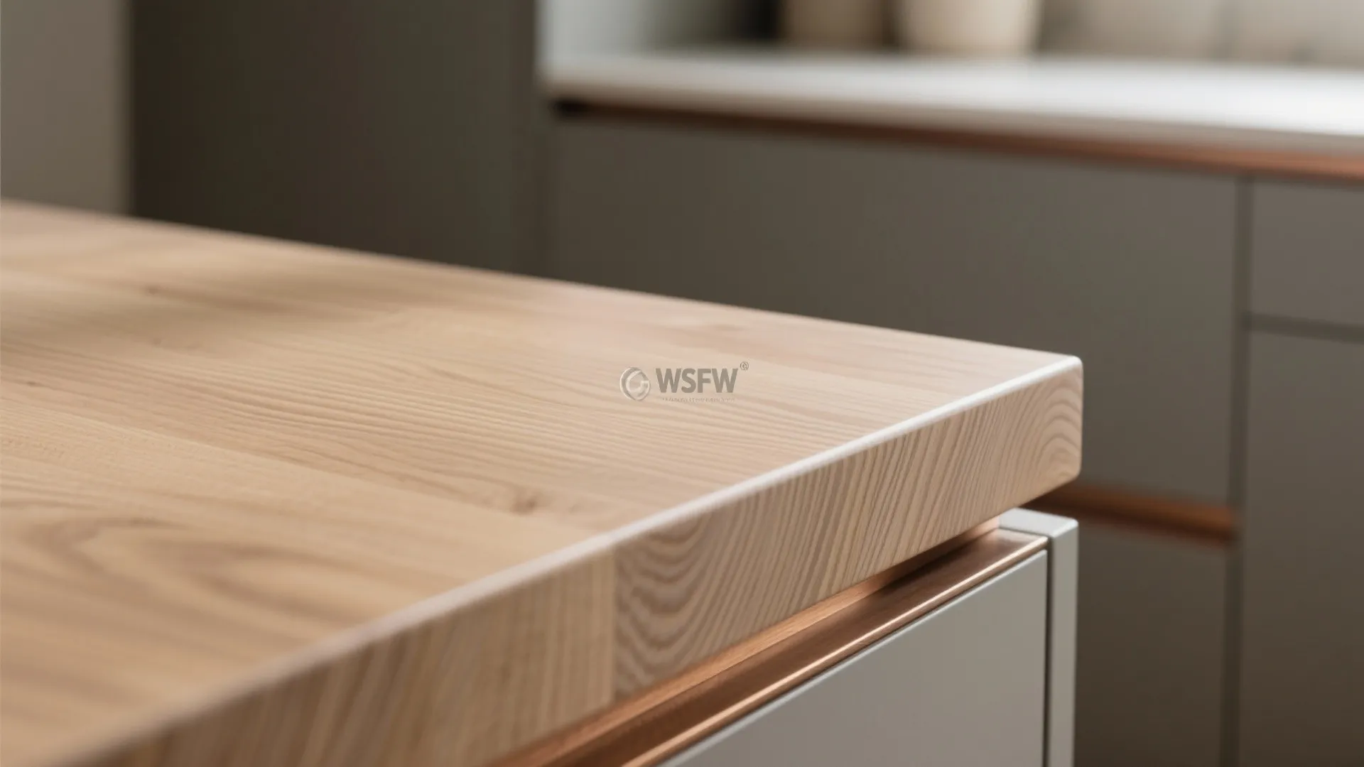 Macro of ribbed oak ledge with matte polyurethane finish and warm grain