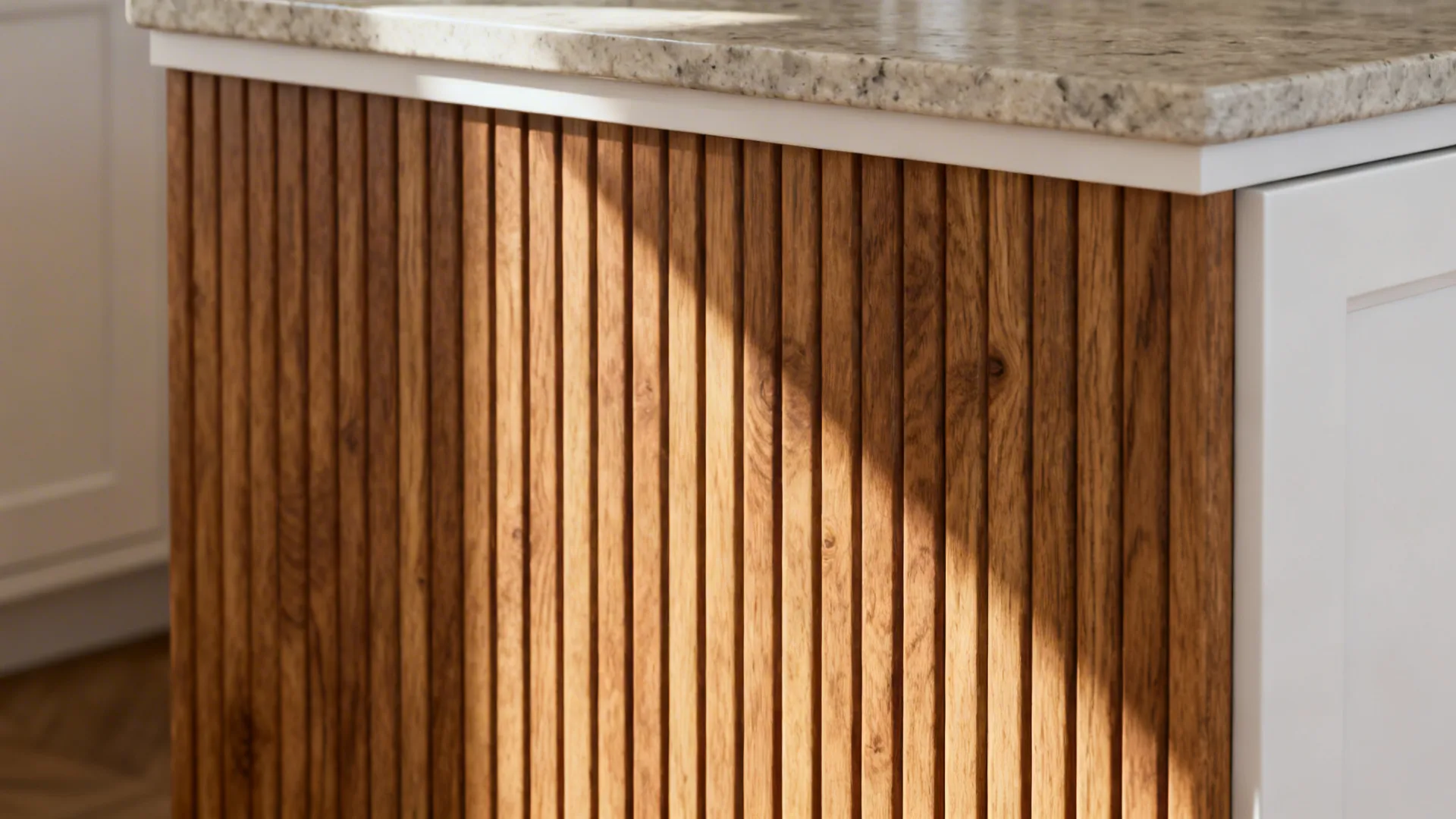 Macro view of ribbed oak panel with visible grain under soft daylight beside matte white cabinetry.