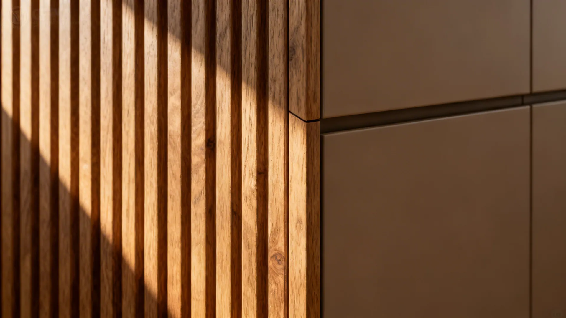 Macro detail of ribbed oak panel meeting a matte cabinet under warm light.