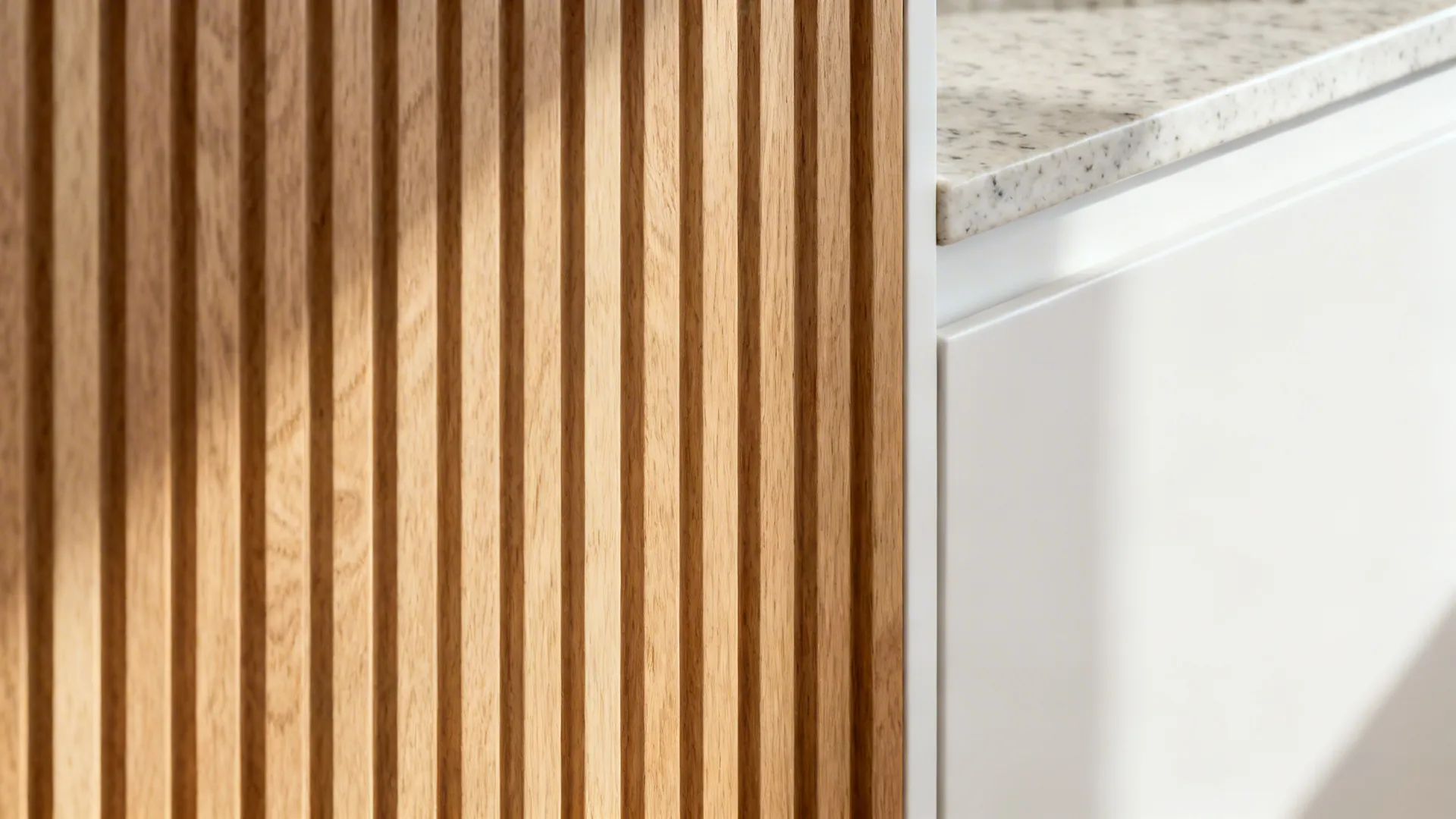 Close-up of ribbed white oak panel with satin sealer catching soft light.