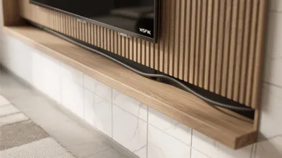 Modern TV Wall Design with Wooden Slats & Hidden Cabling
