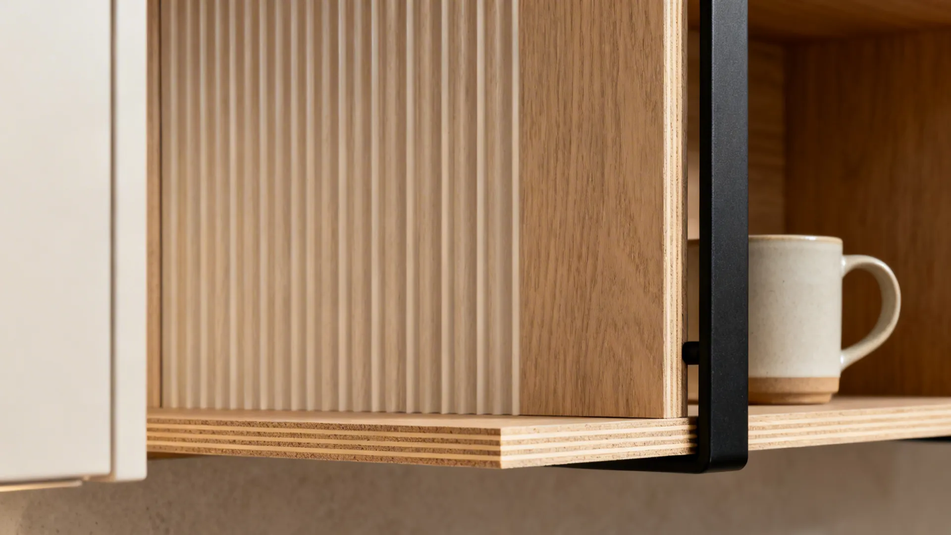 Macro of ribbed wood-look panel behind an open shelf with matte black bracket detail.