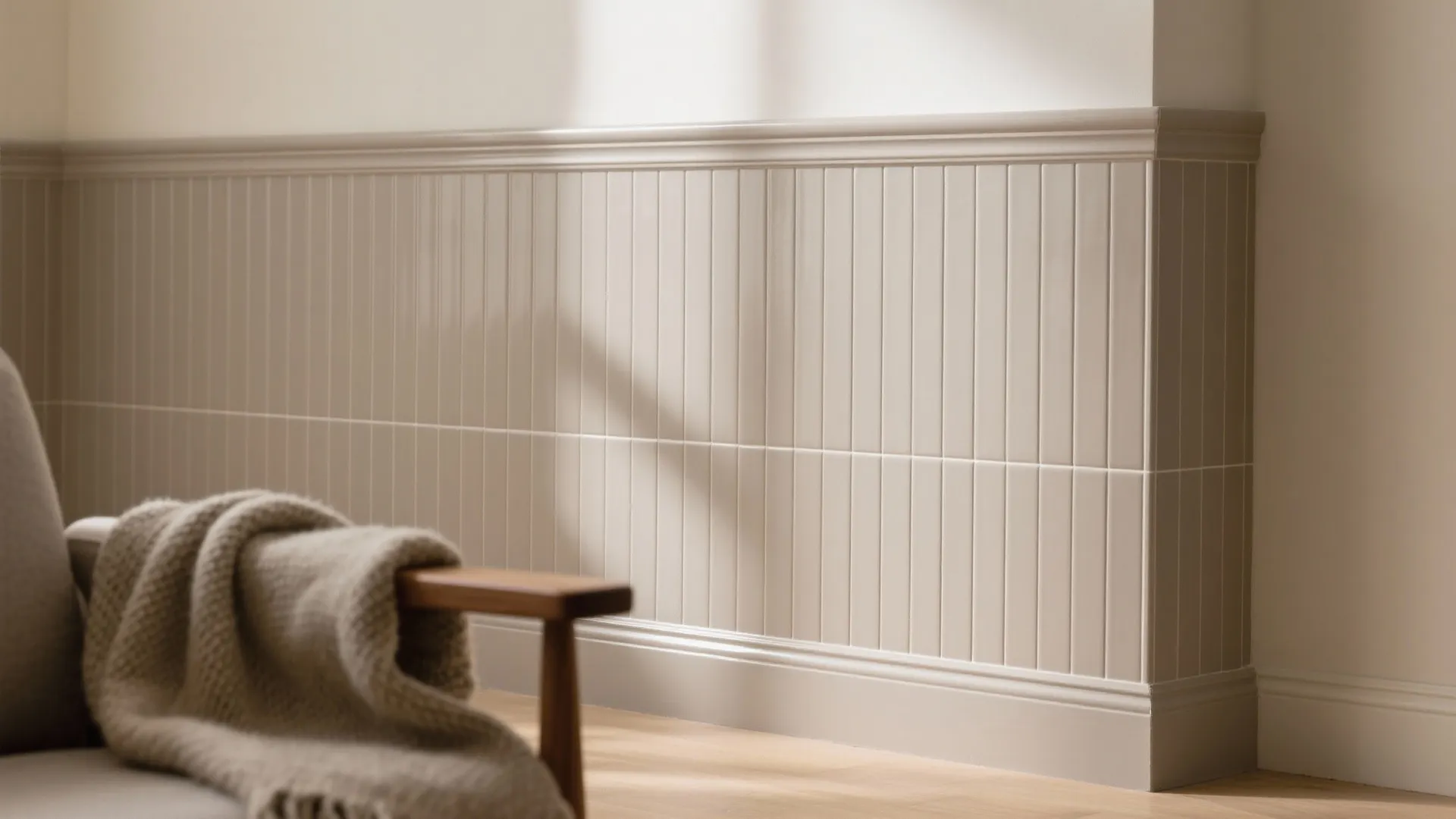 Close up of beige wall panel with vertical lines next to wooden chair and blanket