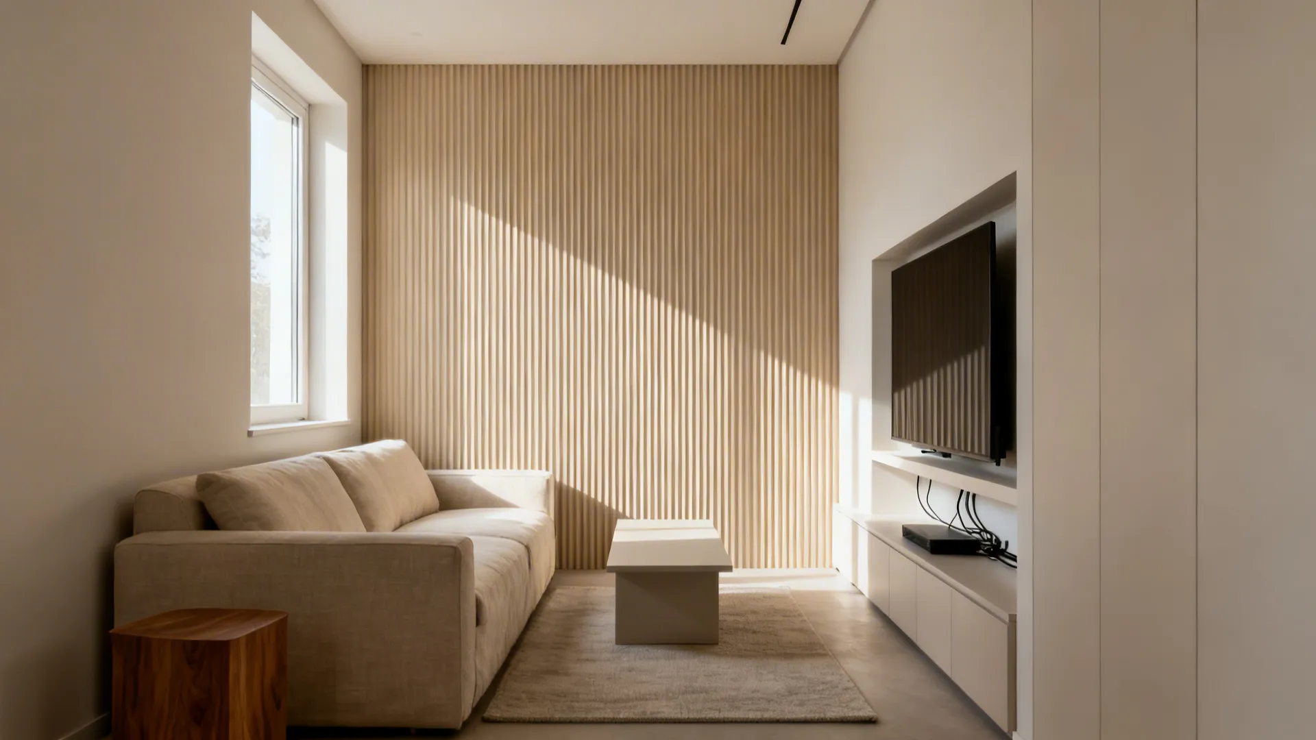 Sand-beige ribbed PVC accent wall behind a linen sofa in a narrow living room.