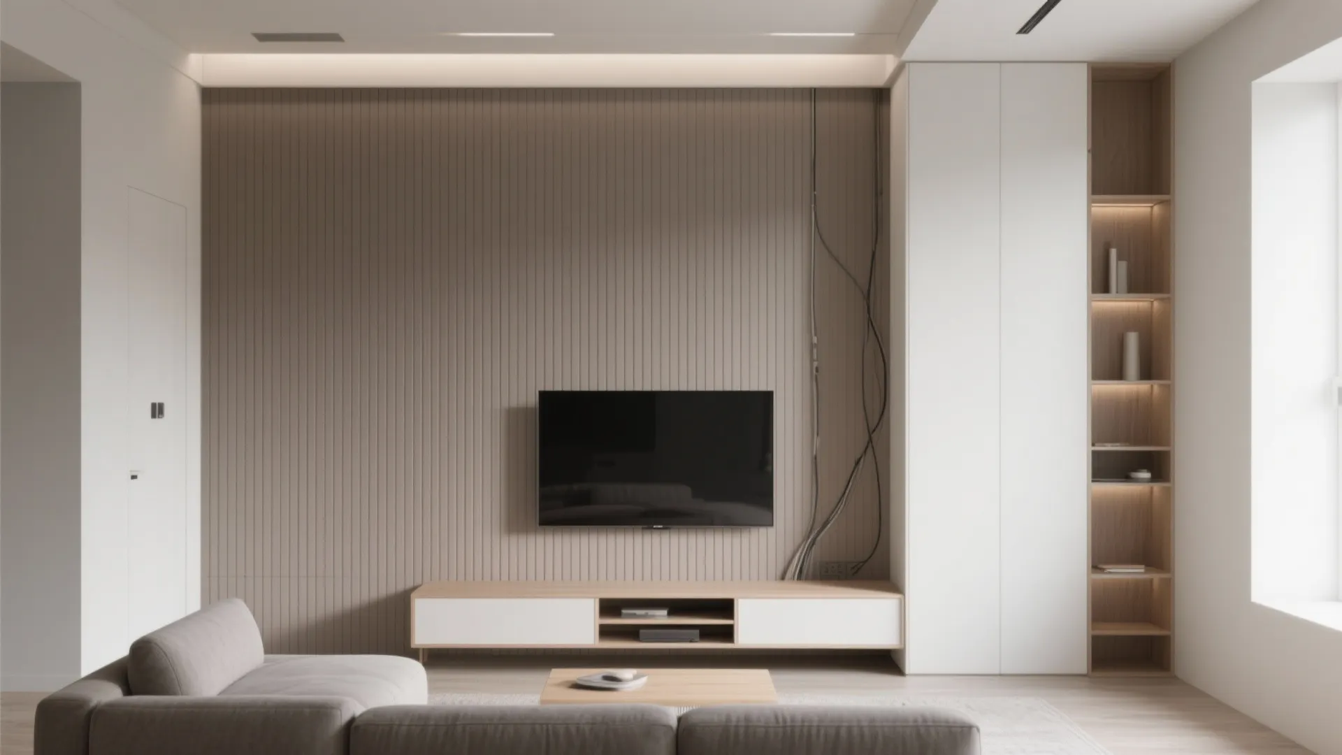 Modern living room with vertical wood wall panel tv stand grey sofa and minimalist furniture