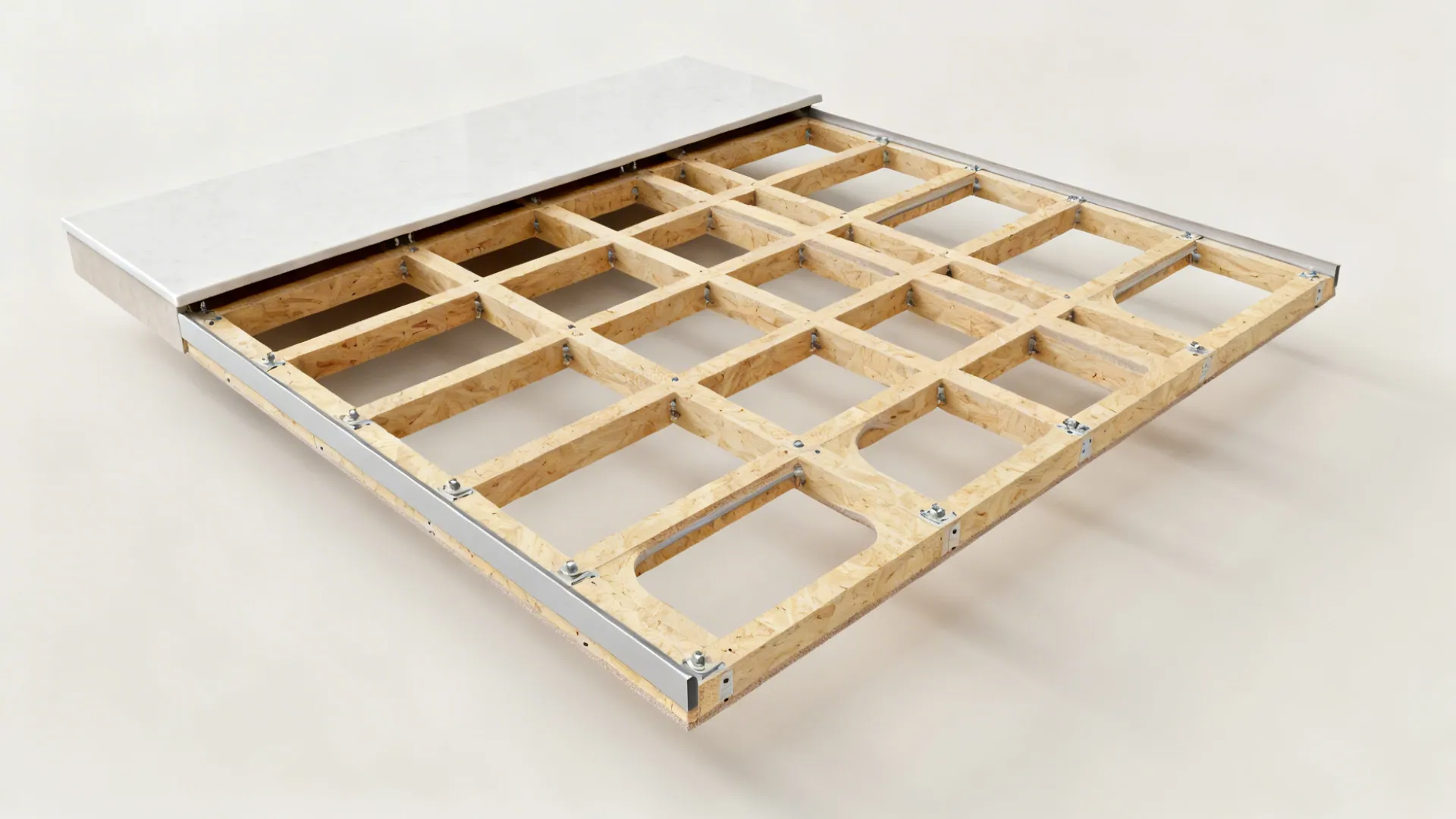 Top-down view of a thin countertop over a plywood rib grid with fasteners and edging.