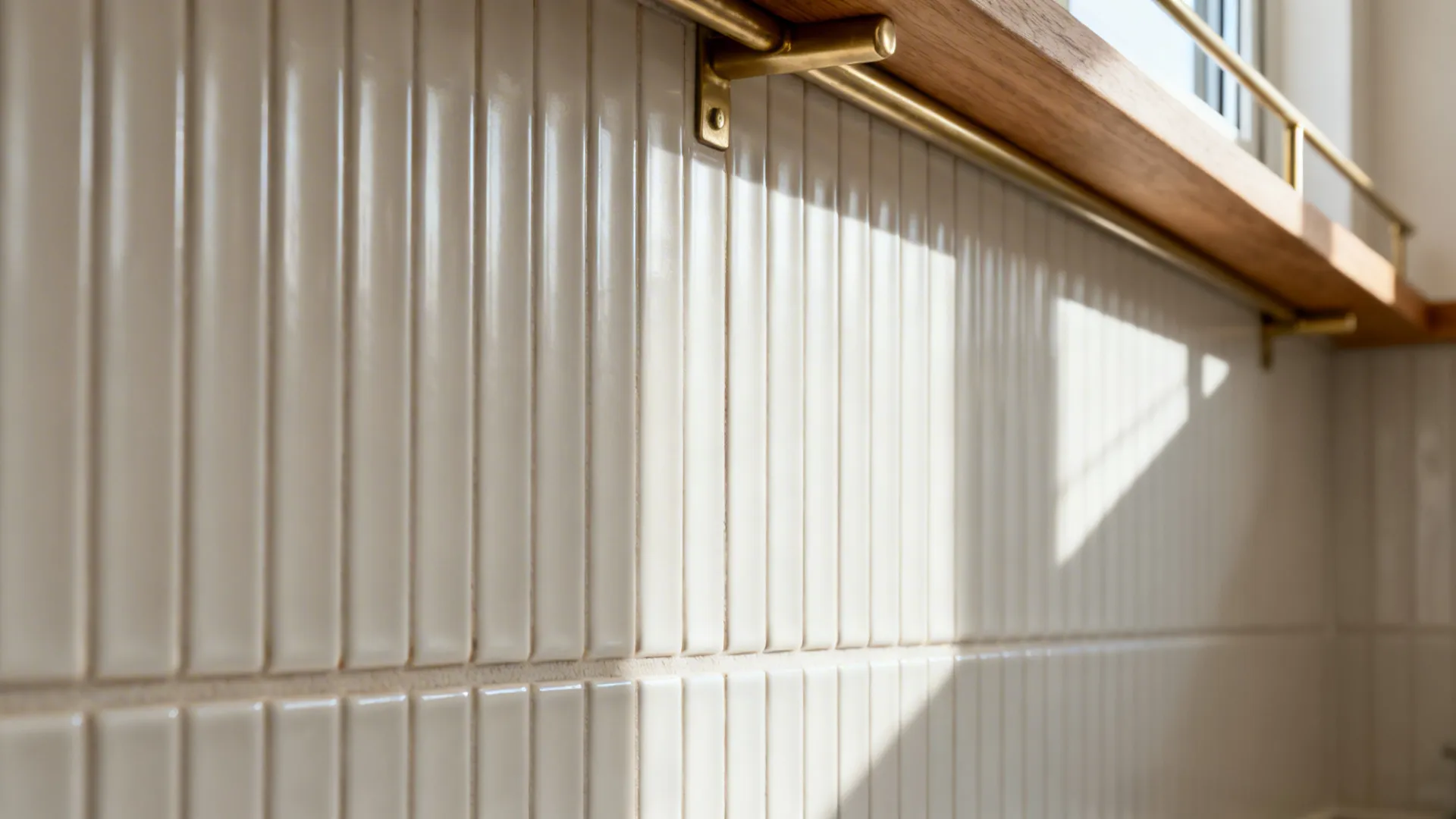 Macro of matte off-white ribbed subway tiles with soft daylight shadows.