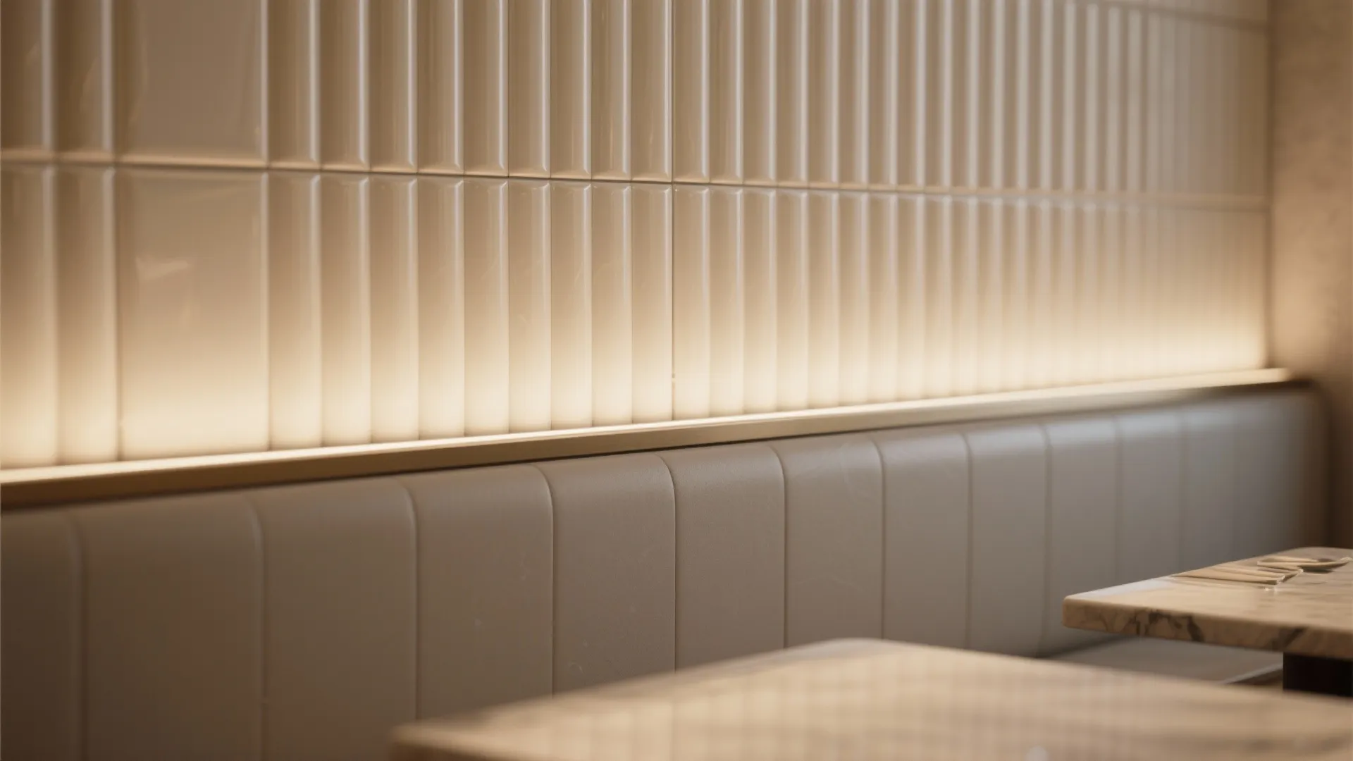 Vertical cream wall tiles with warm light strip above soft leather bench and marble tables