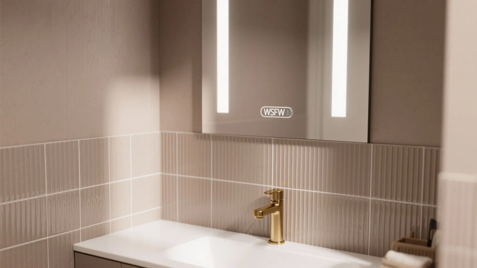 Vanity wall with ribbed taupe feature panel and smooth large-format tiles under soft daylight.