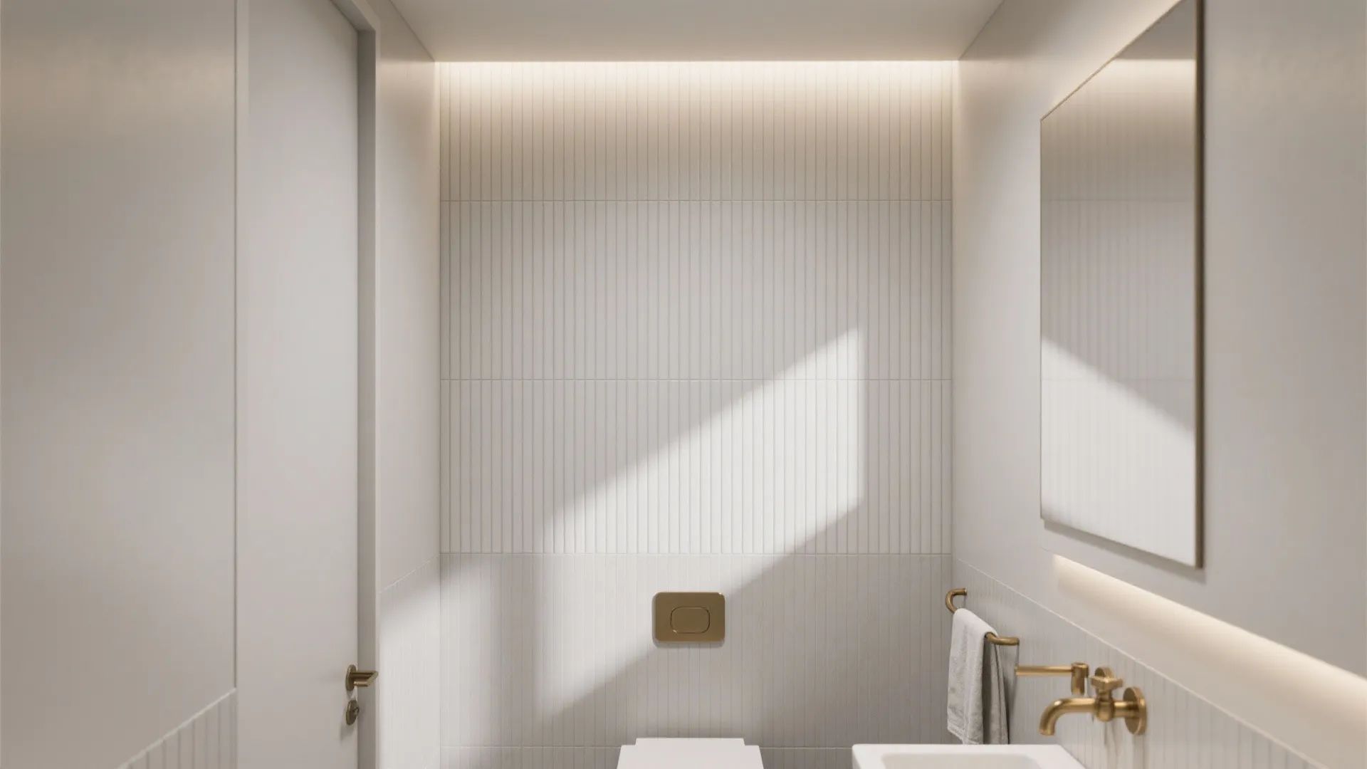 4) Subtle linear ribbed wall tiles for height and acoustic softness