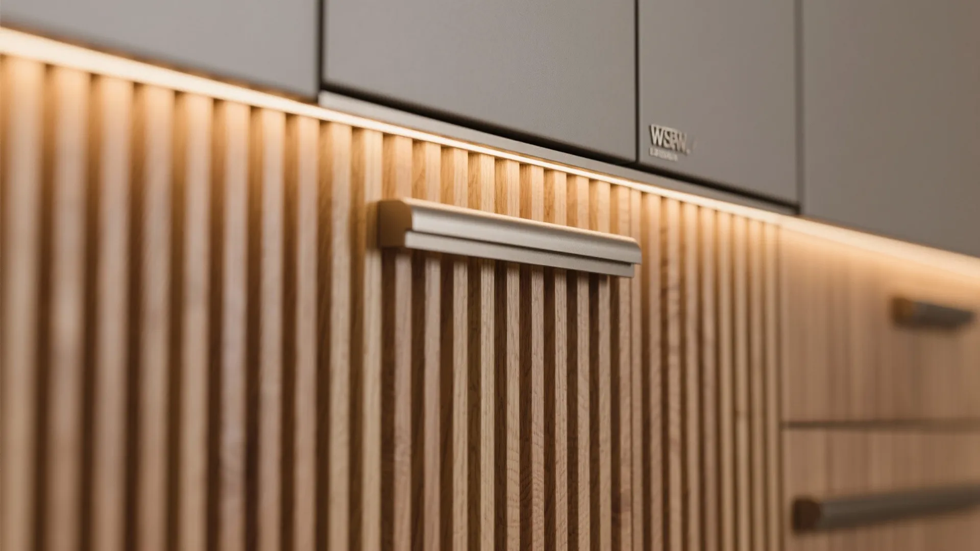 Close up view of ribbed wood wall panel with warm light fixture and grey kitchen cabinet
