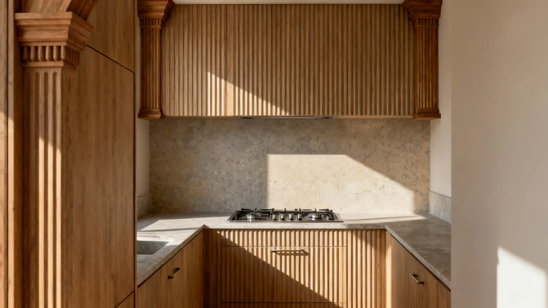 Modern wood kitchen cabinets with stone countertop and gas stove under bright and warm sunlight