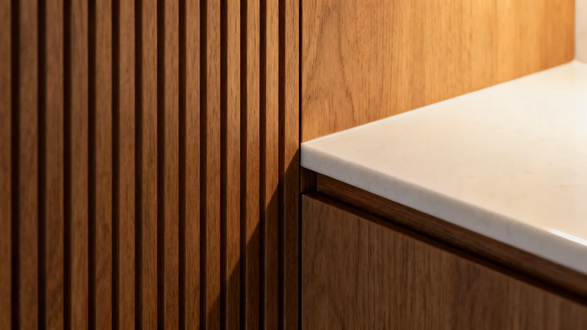 Close-up of vertical ribbed wood paneling lit warmly next to a quartz counter.
