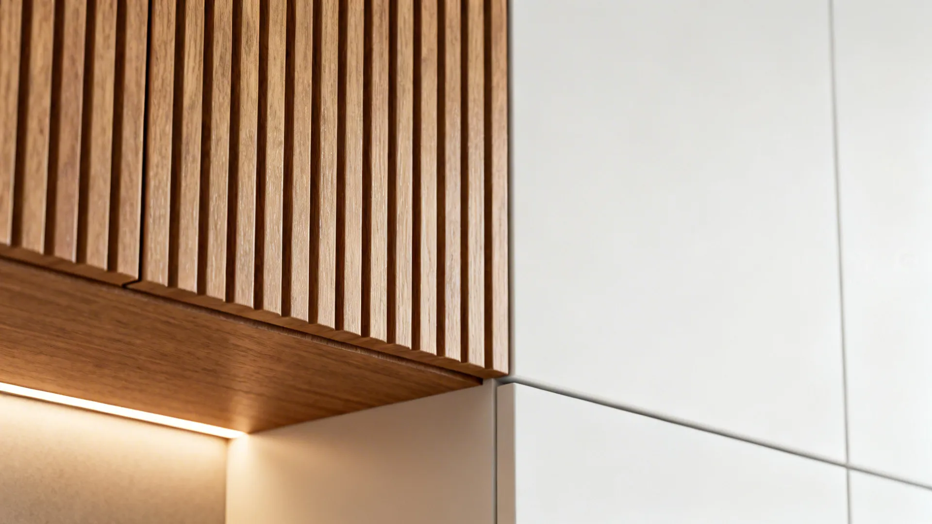 Macro of a ribbed oak cabinet door next to a matte white door with warm LED grazing the texture.