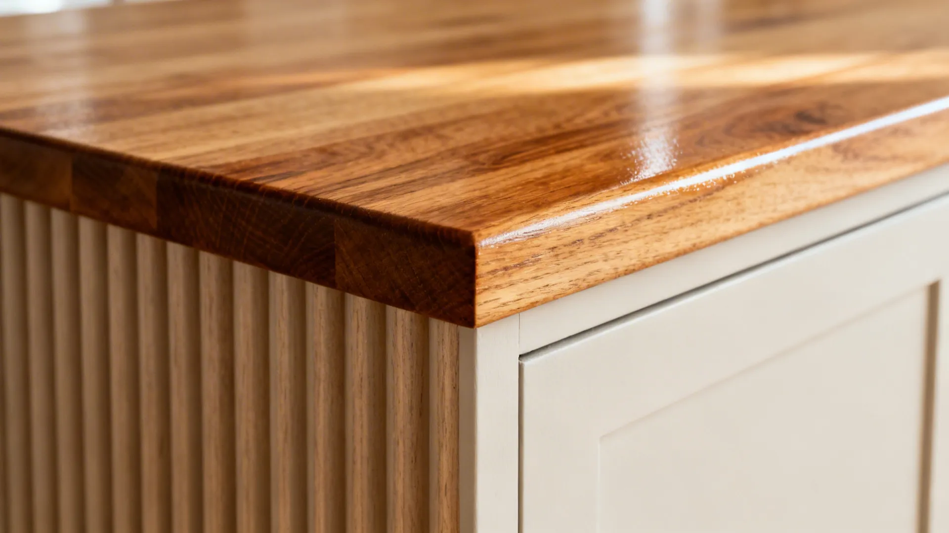 Close-up of ribbed oak trim on a kitchen peninsula with a soft natural finish.