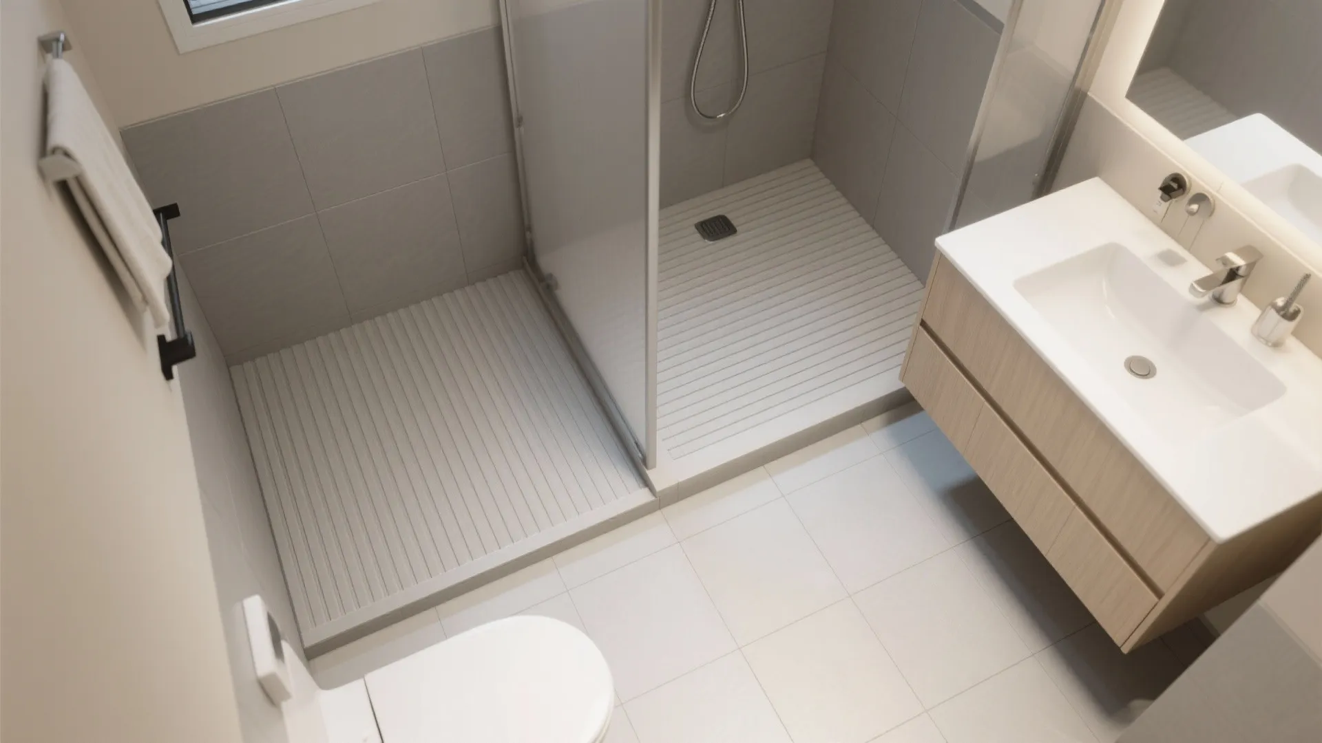 Modern bathroom interior design drawing with shower glass door wood cabinet white sink and toilet