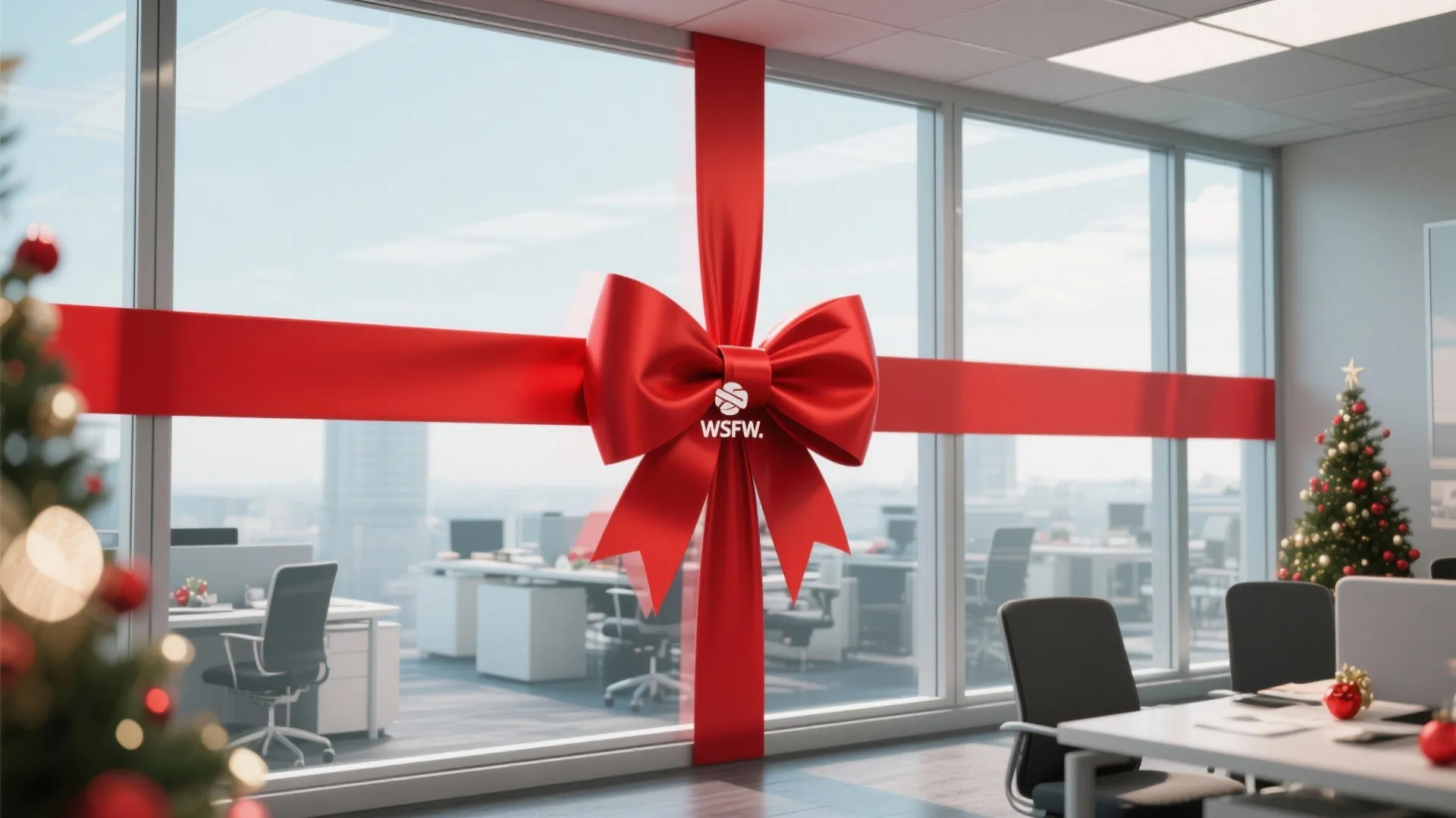 Modern office interior with a giant red ribbon bow on the window and Christmas trees