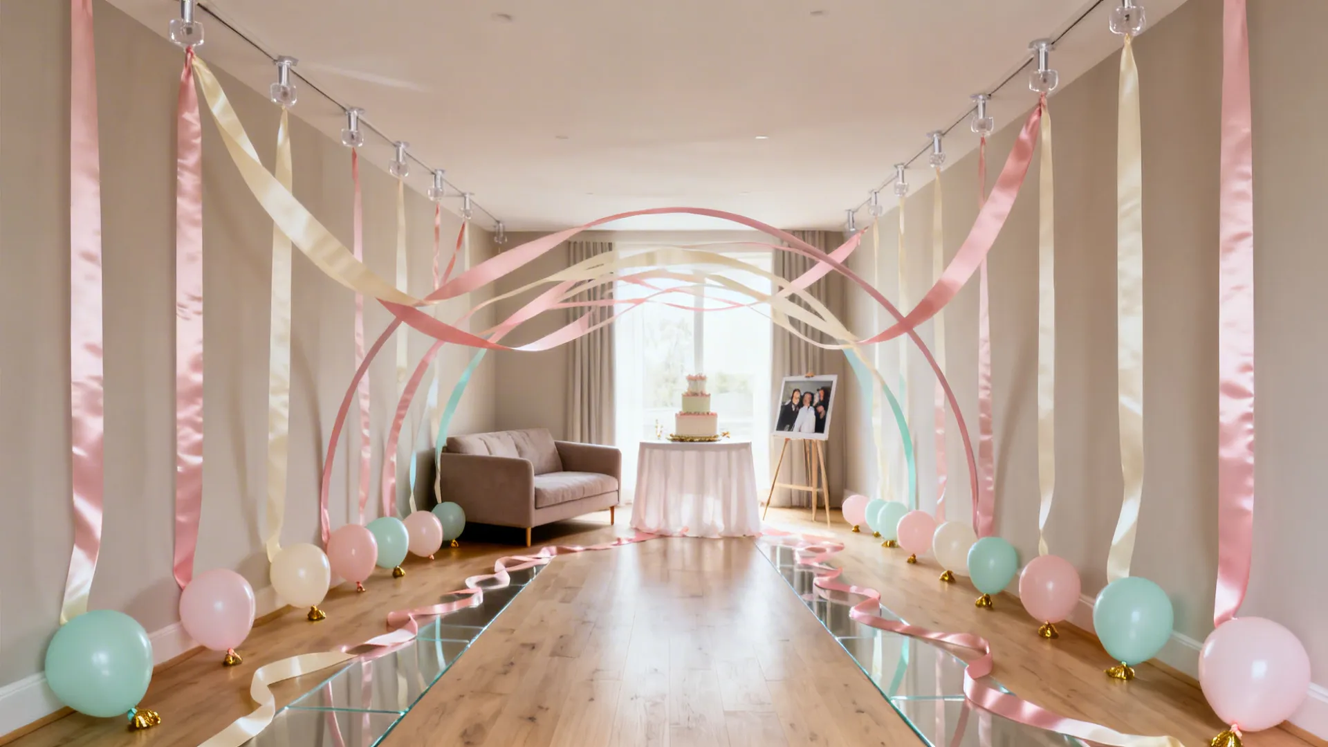 Ribbon canopy in a small living room with balloons anchoring the ends and clear walking space.