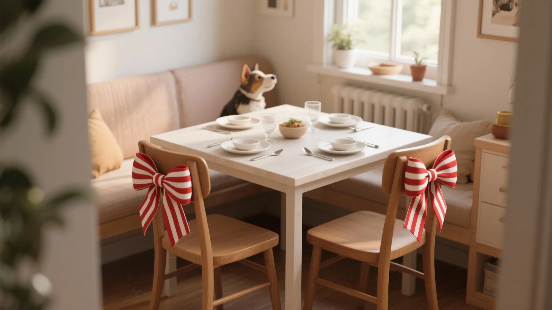 Dining area with white table and wooden chairs decorated with large red white striped bows