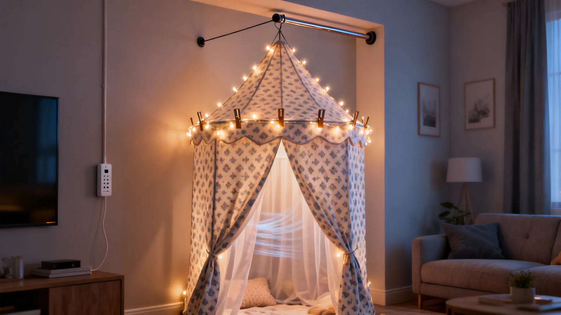 A polished ribbon-and-clip canopy mounted on a tension rod with soft LED string lights.