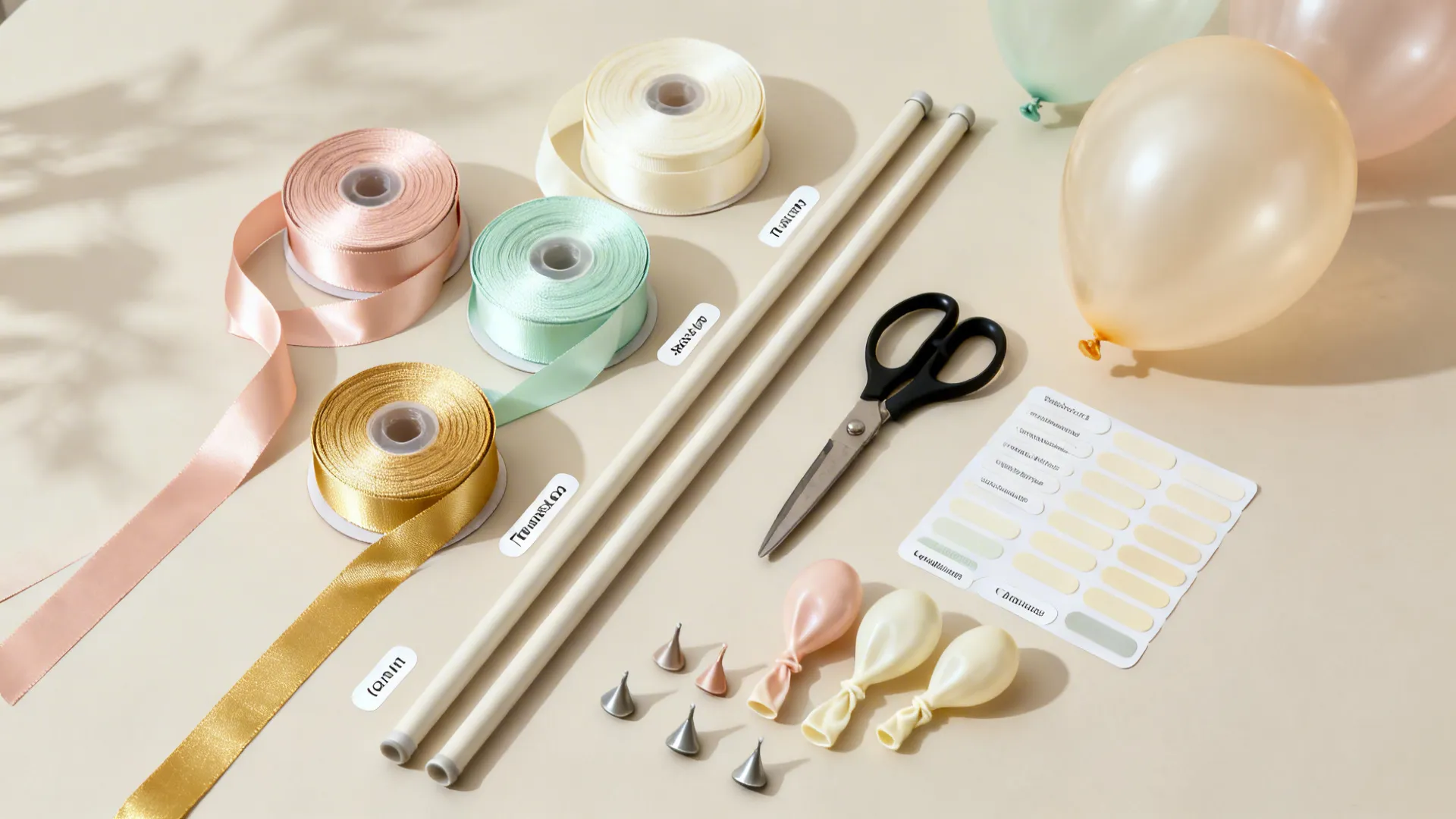 Flat lay of ribbons, tension rods, adhesive tabs, balloons, and weights for doorway columns.