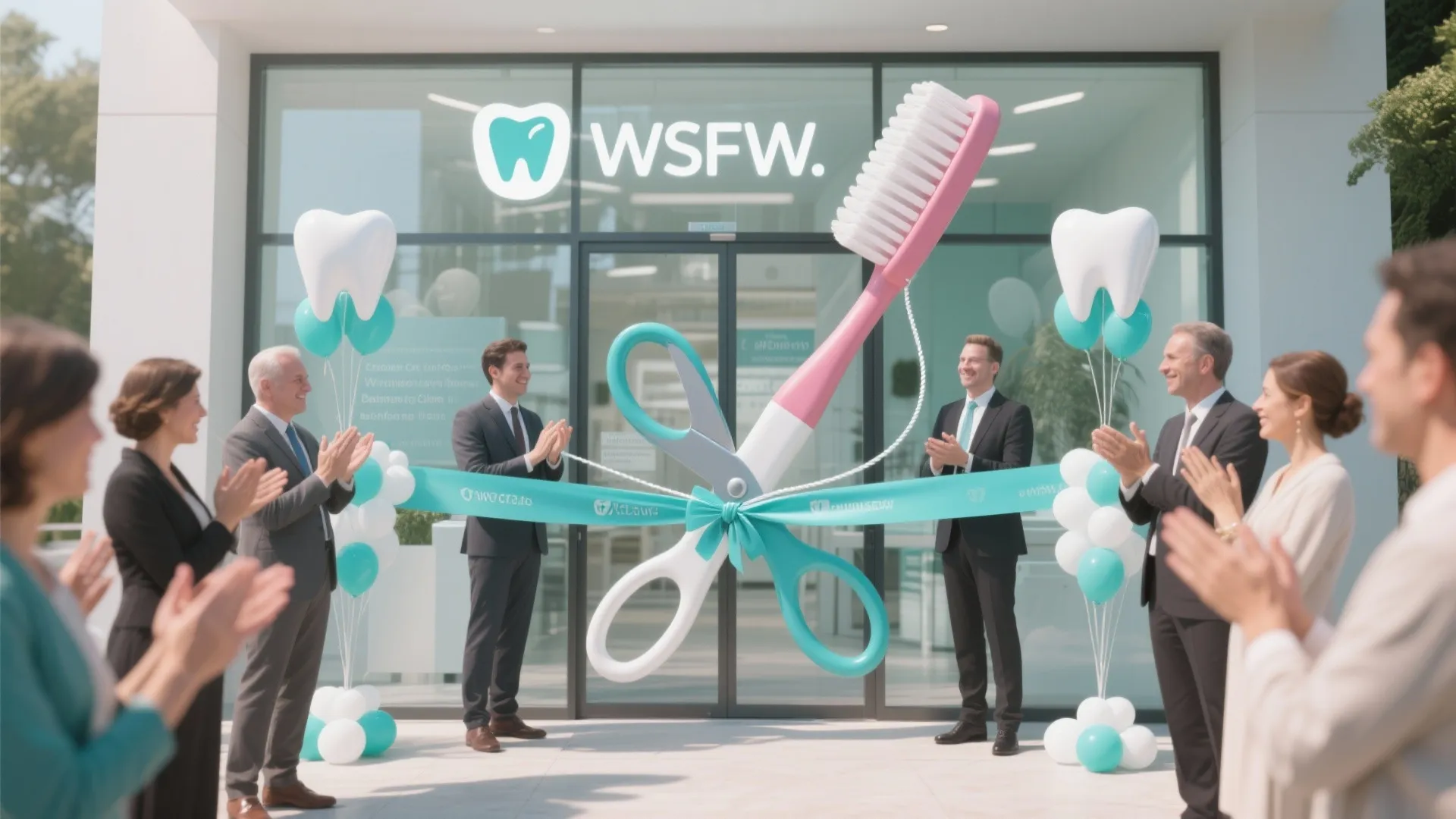 Group of people clapping at a ribbon cutting ceremony for a new modern dental clinic