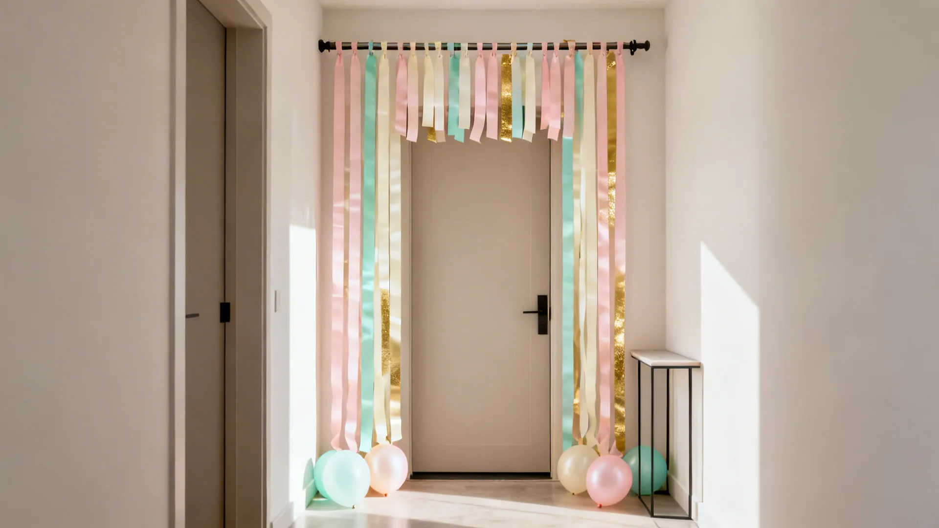 Doorway framed by ribbon streamer columns with small balloon accents at the base.
