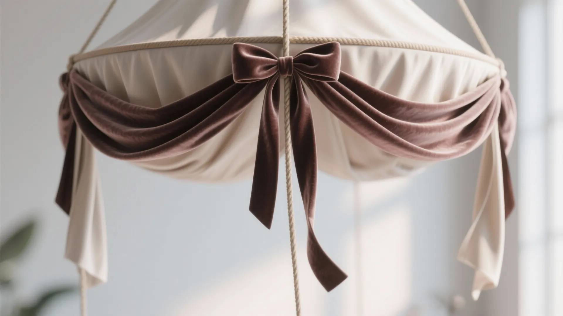 Cream fabric hanging light fixture decorated with elegant brown velvet ribbon bows and draped curtain