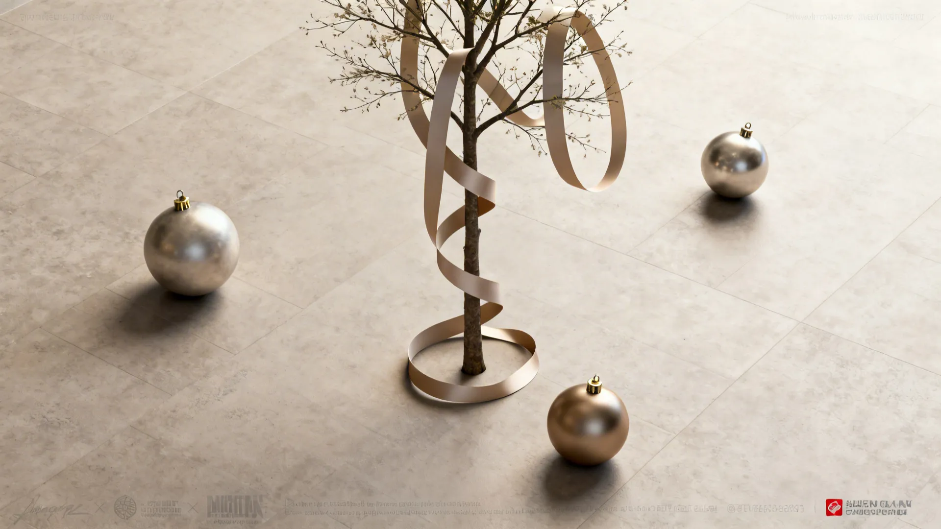 Top-down view of a slim tree with wide ribbon woven in S-shaped loops and oversized baubles