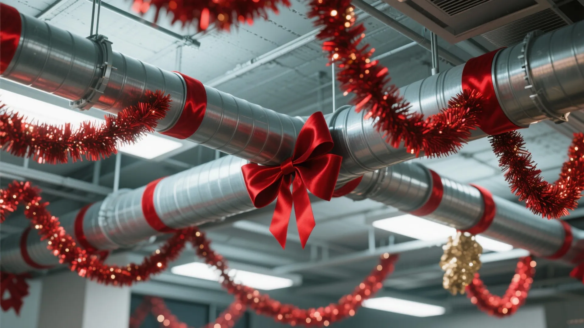 Industrial ceiling pipes decorated with festive red ribbons red bows and shiny red holiday garlands