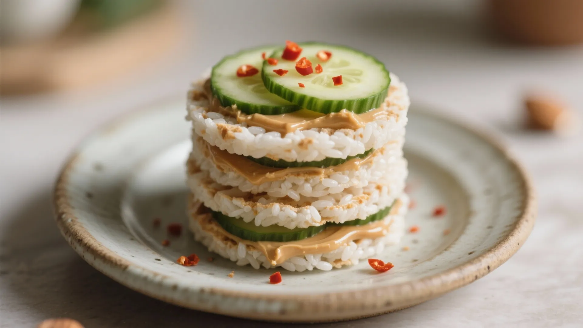 Stacked rice cakes with peanut butter and cucumber slices topped with red chili on plate