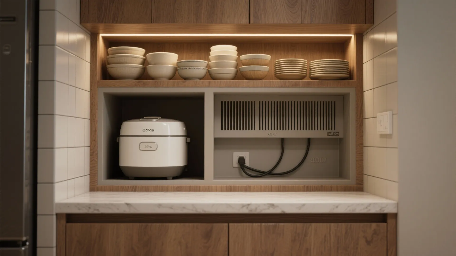 Integrated rice station niche with rice cooker, ventilation and neat storage