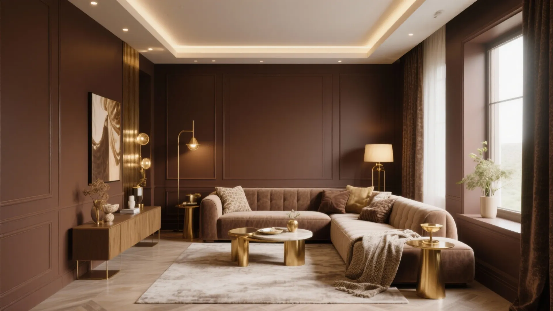 Modern living room with dark brown walls, beige sofa, gold coffee table, and soft warm lighting