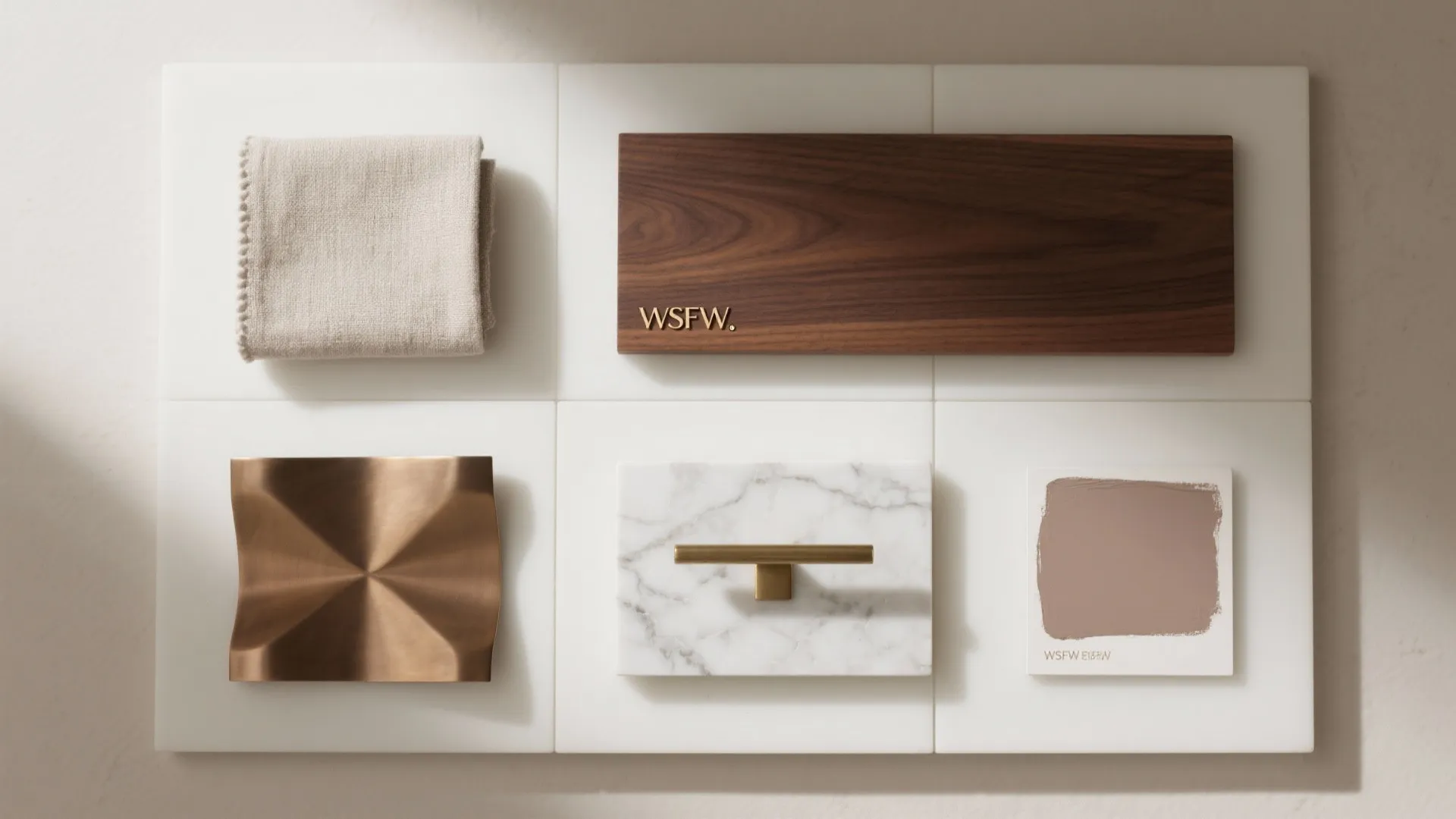 Interior design mood board with wood sample marble tile brass handle fabric and paint color