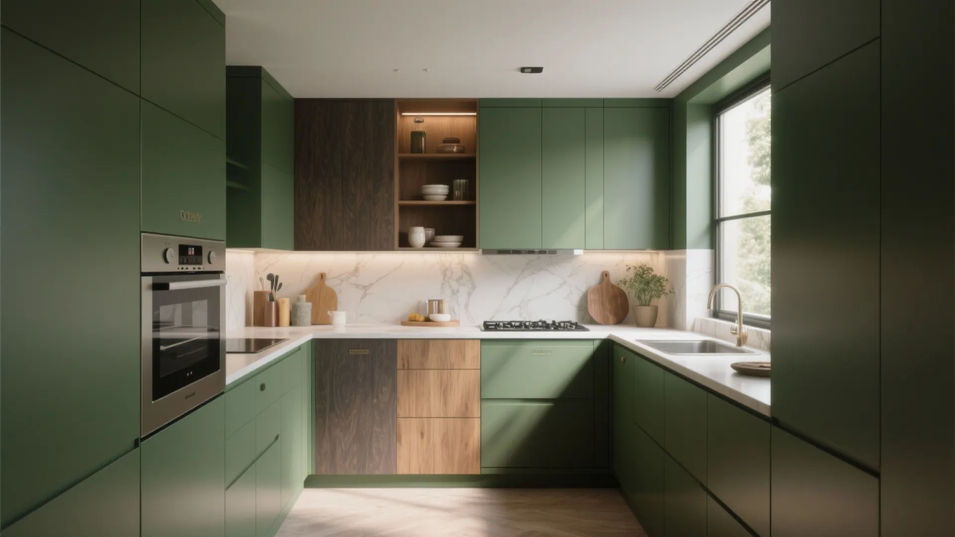 Sleek olive green kitchen featuring wooden accents and marble backsplash under warm cabinet lighting design